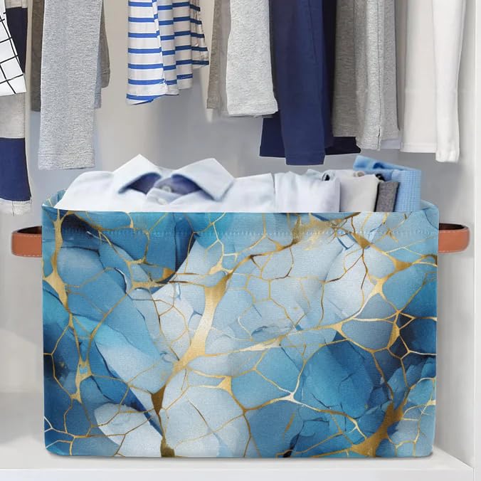 Marbled Storage Basket with Handles - 2 Pack Multi-Purpose Organizer for Closet, Toys & Home Decor | Blue Crushed Flower Design | Perfect for Bedroom, Bathroom & Kids Room Storage