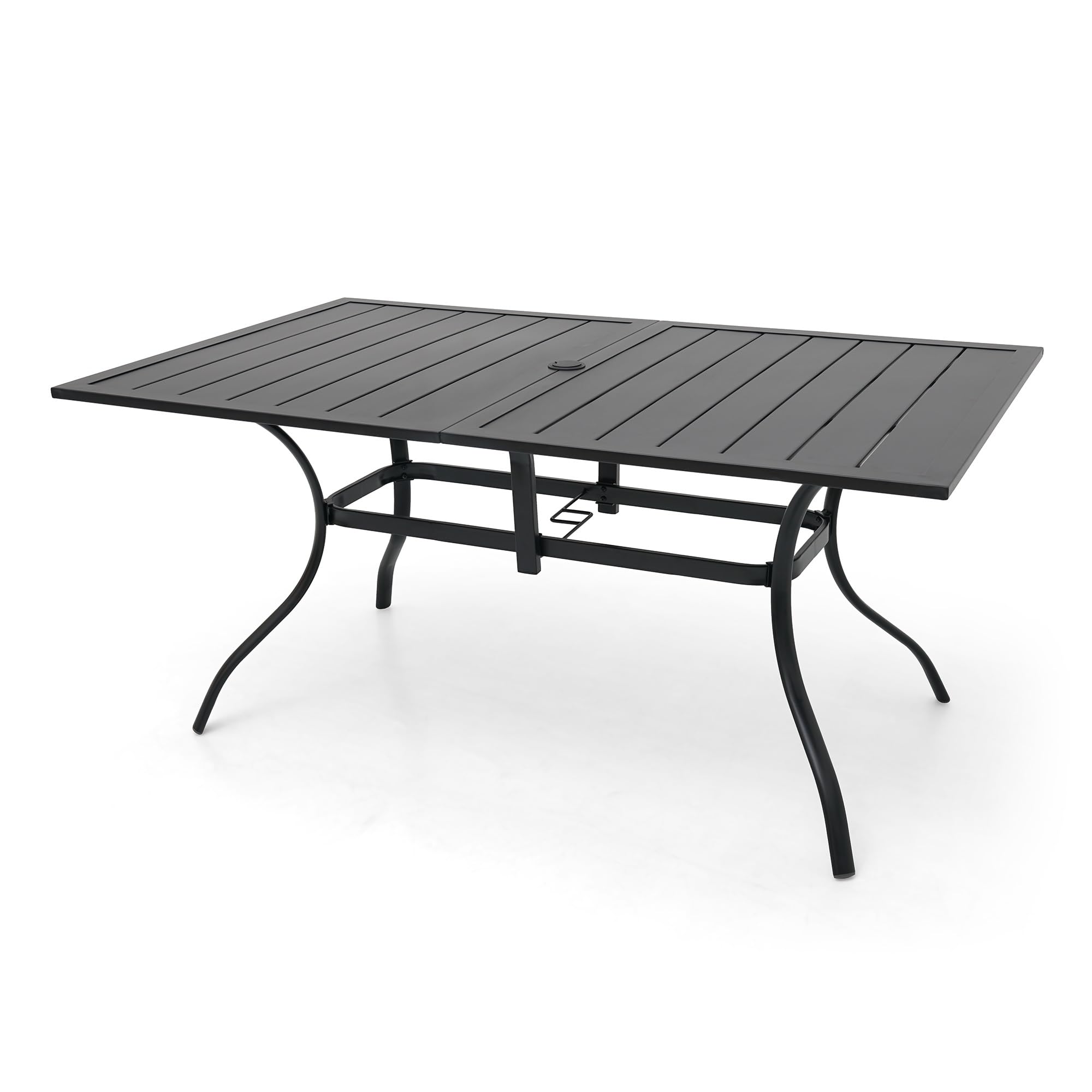 63x38 Inch Black Outdoor Metal Frame Rectangle Patio Dining Table with Slat Top & Umbrella Hole - Seats 6 - Perfect for Backyard BBQs, Garden Parties & Poolside Dining