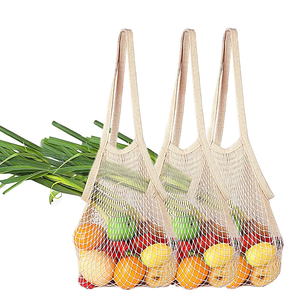3-Pack Large Cotton Mesh Shopping Tote Bags - Eco-Friendly Reusable Grocery Bags for Supermarket, Beach, Storage, Fruits, Vegetables & Toys | Perfect for Grocery Shopping, Travel & Organizing