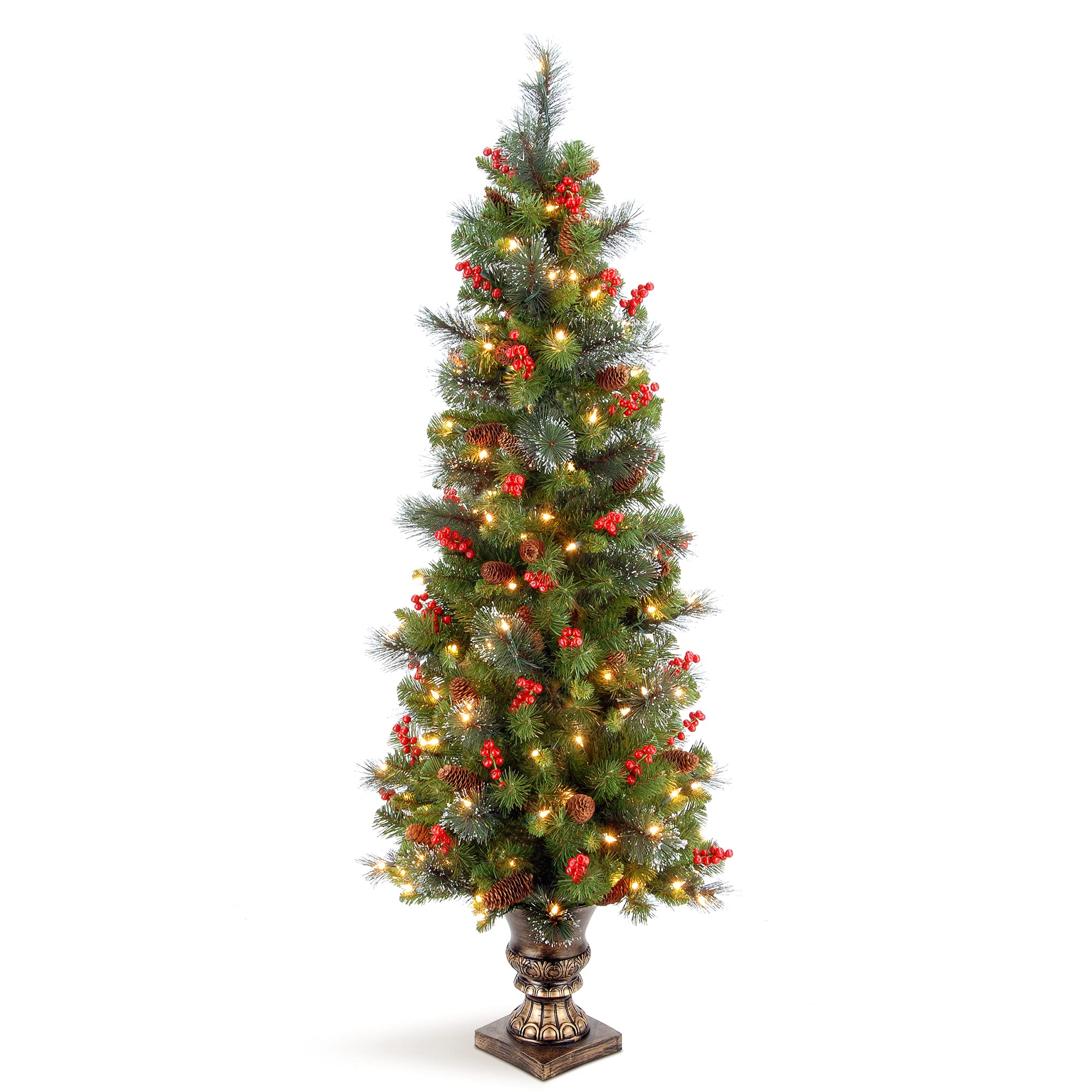 National Tree Company 5ft Pre-Lit Artificial Christmas Tree - Green Crestwood Spruce with White Lights, Pine Cones & Berry Clusters | Frosted Branches & Included Pot Base | Perfect for Home Entrance, Living Room & Holiday Decor