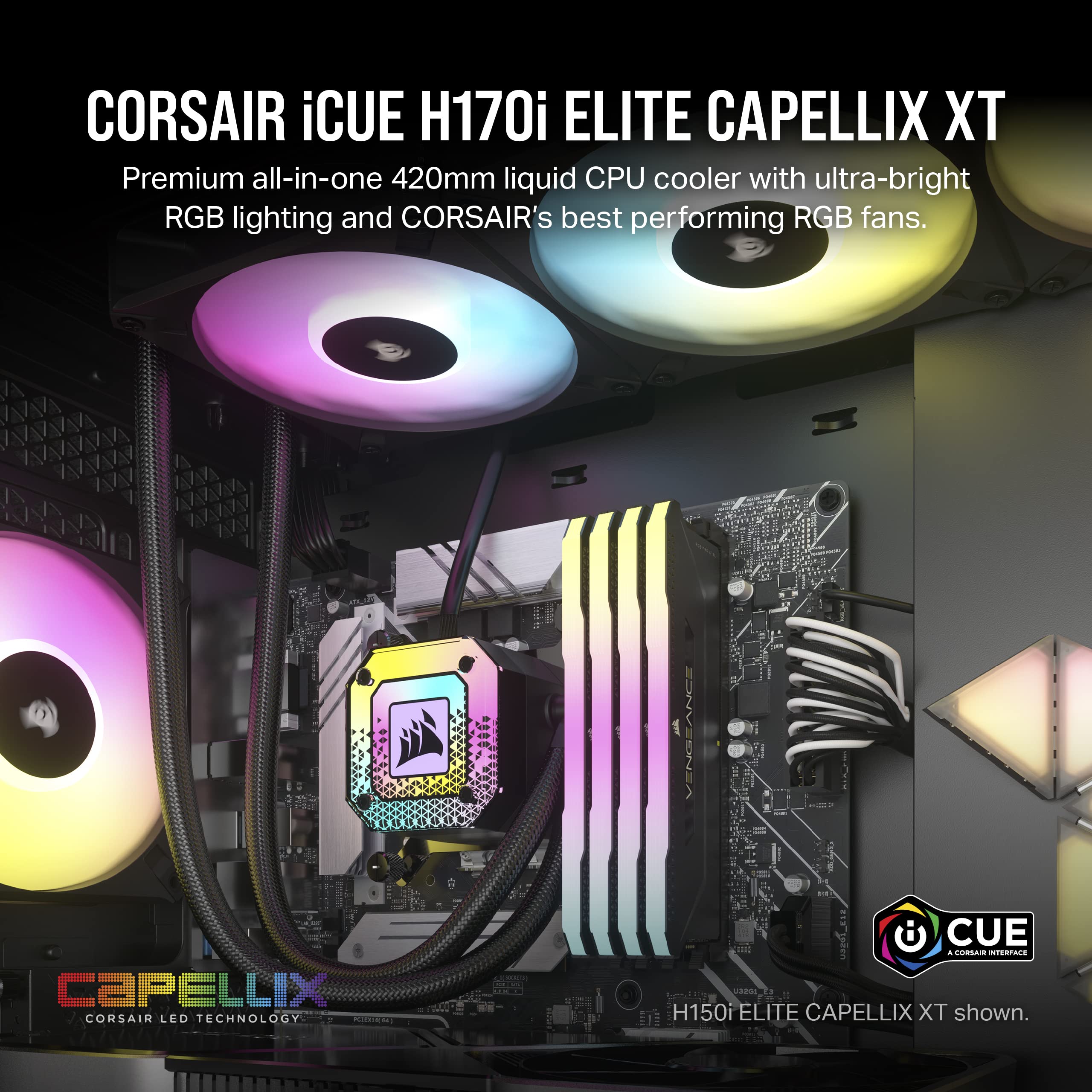 Corsair iCUE H170i Elite CAPELLIX XT Liquid CPU Cooler with 3 AF140 RGB Elite Fans - 420mm Radiator - Compatible with Intel LGA 1700, 1200, 115X, 2066 & AMD AM5, AM4 Sockets - Includes iCUE Commander CORE - Black - Perfect for High-Performance Gaming PCs and Workstations