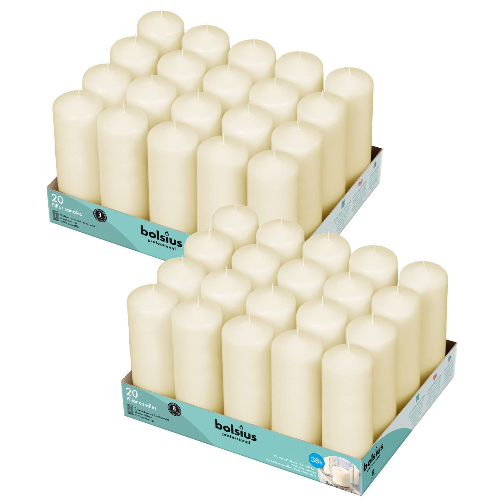 BOLSIUS Ivory Pillar Candles 2x6 Inches - 2 Packs (40 Candles Total) - 38+ Hour Burn Time - Premium European Quality Unscented Dripless Pillar Candles with Smokeless Flame - Perfect for Weddings, Home Decor, and Romantic Ambiance