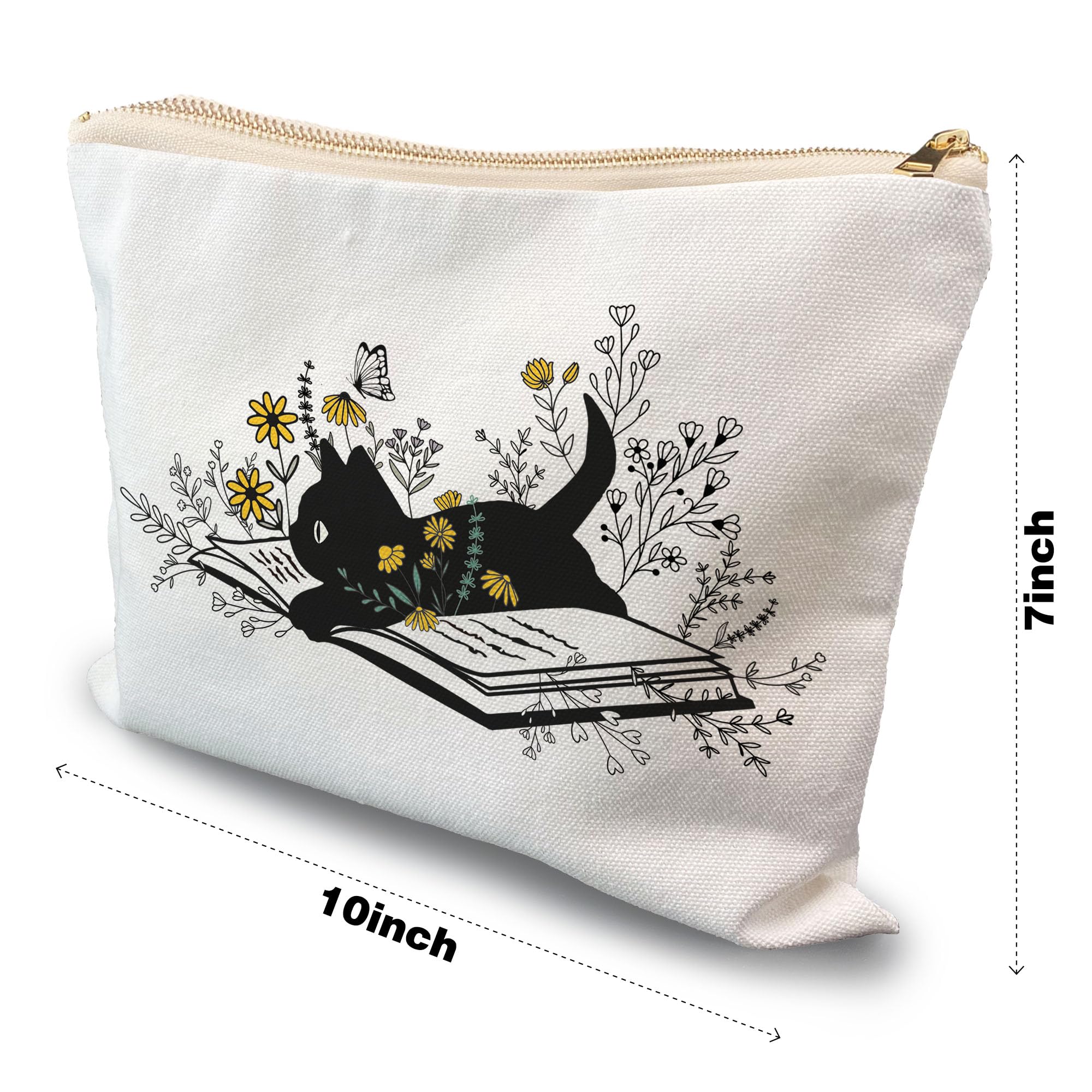 Black Cat Flowers Makeup Bag for Women - Cute Floral Cosmetic Pouch with Zipper, Perfect Gift for Cat Lovers & Book Lovers - Great for Travel, Daily Makeup Storage & Gift Giving