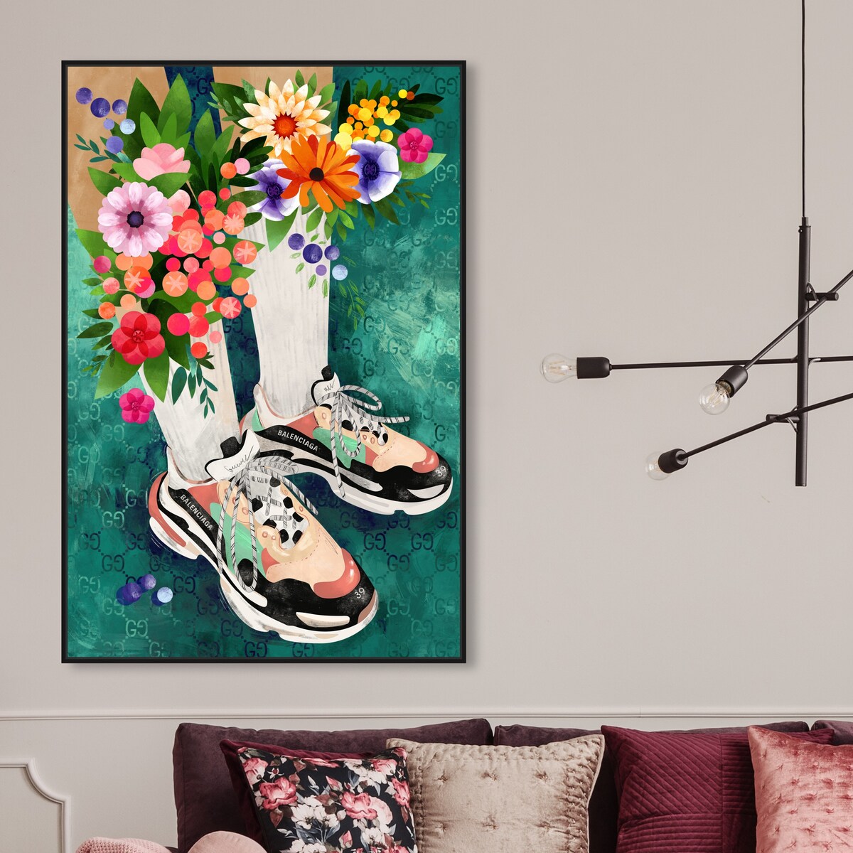 Stylish Floral Sneakers & Socks Set with Modern Green Framed Canvas Wall Art - Perfect for Bedroom Decor and Fashion Outfits | Home & Fashion Combo