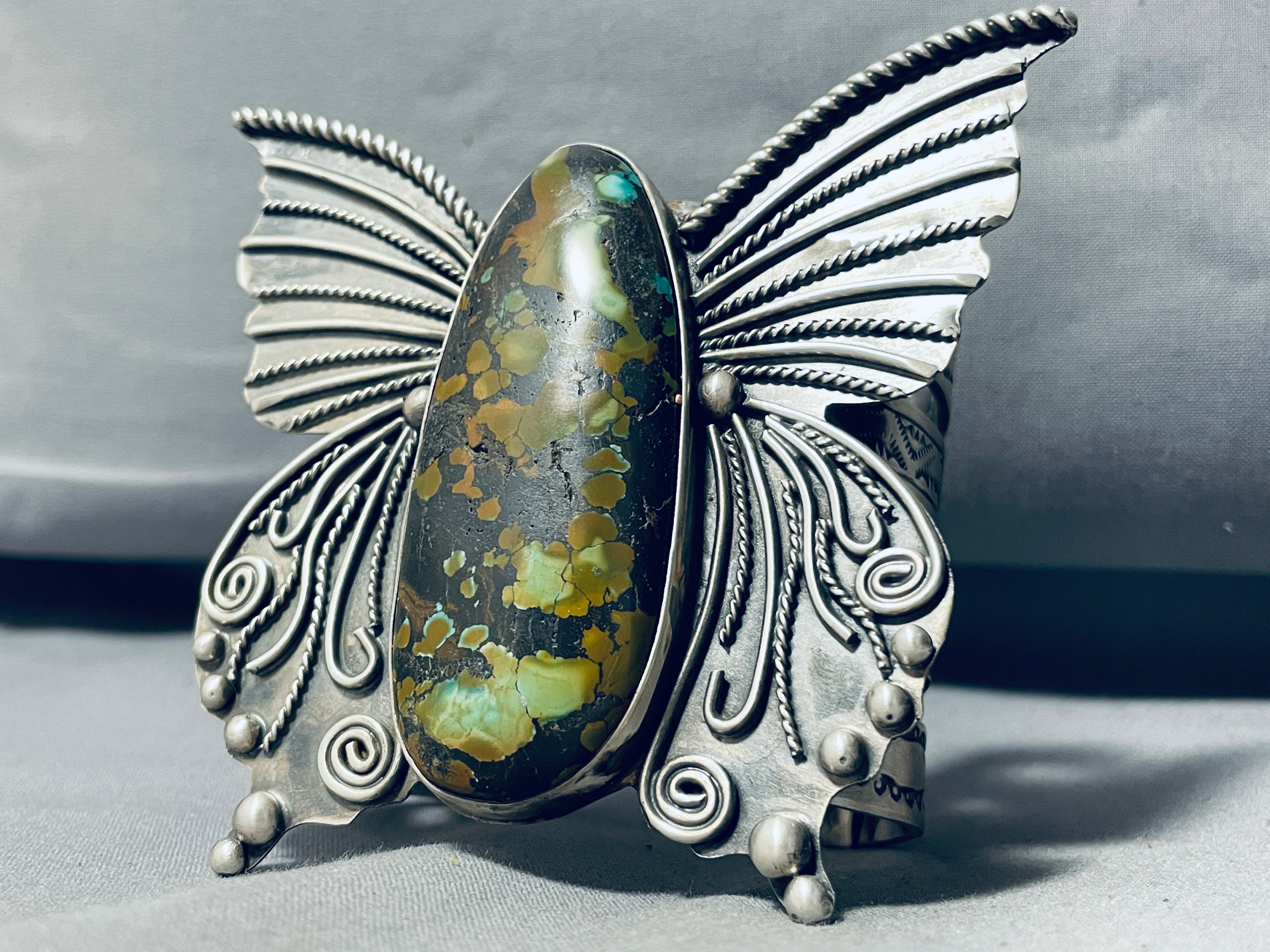 184g Authentic Navajo Sterling Silver Butterfly Bracelet with Green Turquoise – Handmade Native American Jewelry for Women, Perfect for Gifts, Boho Fashion & Special Occasions