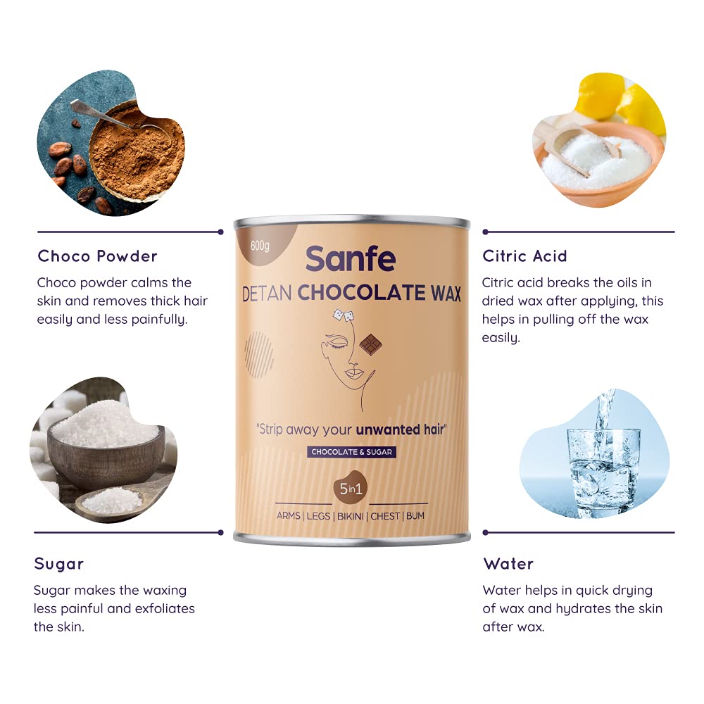 Sanfe Detan Chocolate Wax for Smooth Hair Removal - 600g with Natural Chocolate Extracts | Sanfe Reusable Eyebrow Razor for Women - Pack of 3 | At-Home Hair Removal & Eyebrow Grooming Kit