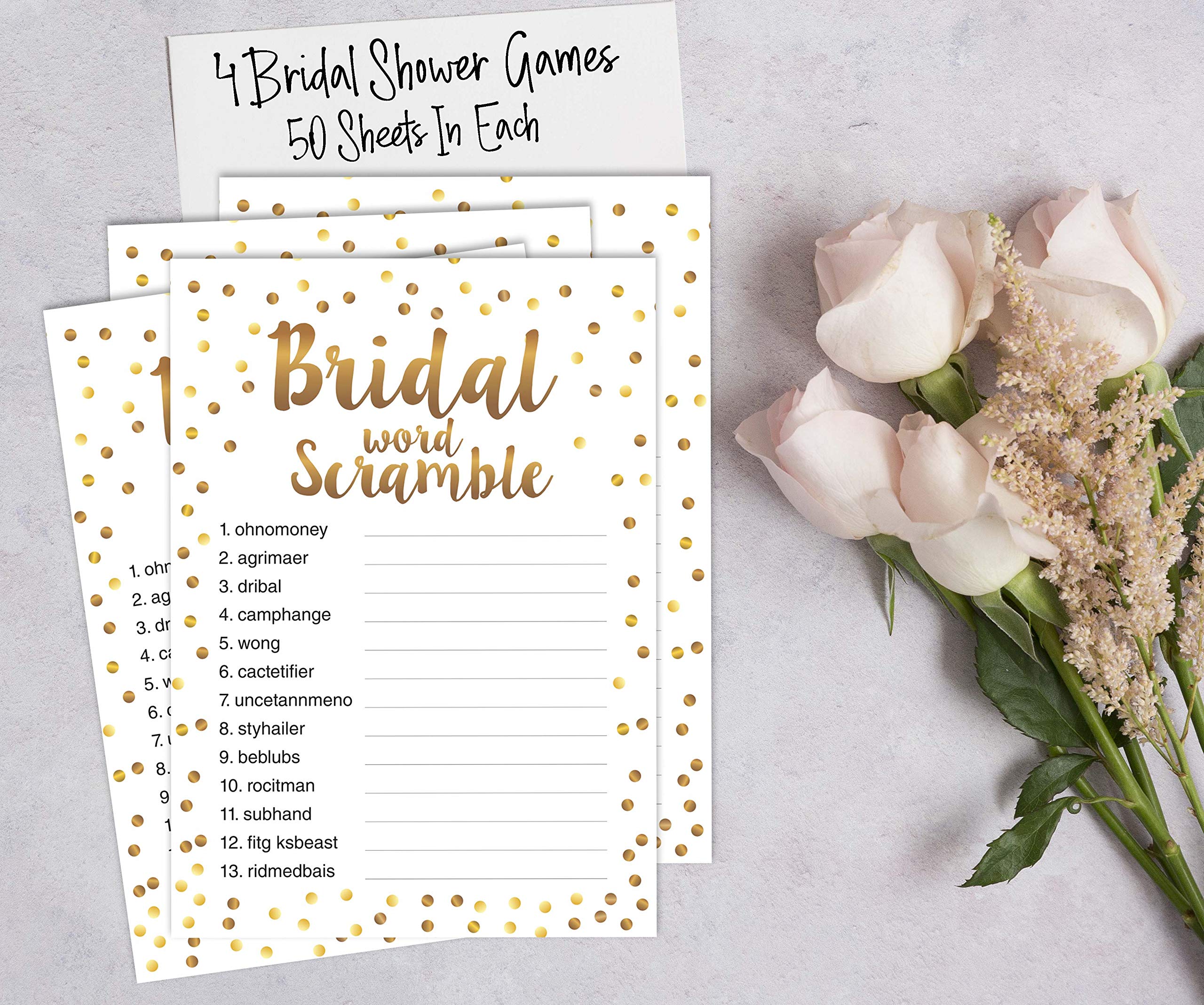 Bachelorette Party Games Set - 4 Fun Bridal Shower Games with Gold Confetti (50 Sheets Each) | Perfect for Wedding Showers, Girls Night Out & Bachelorette Parties
