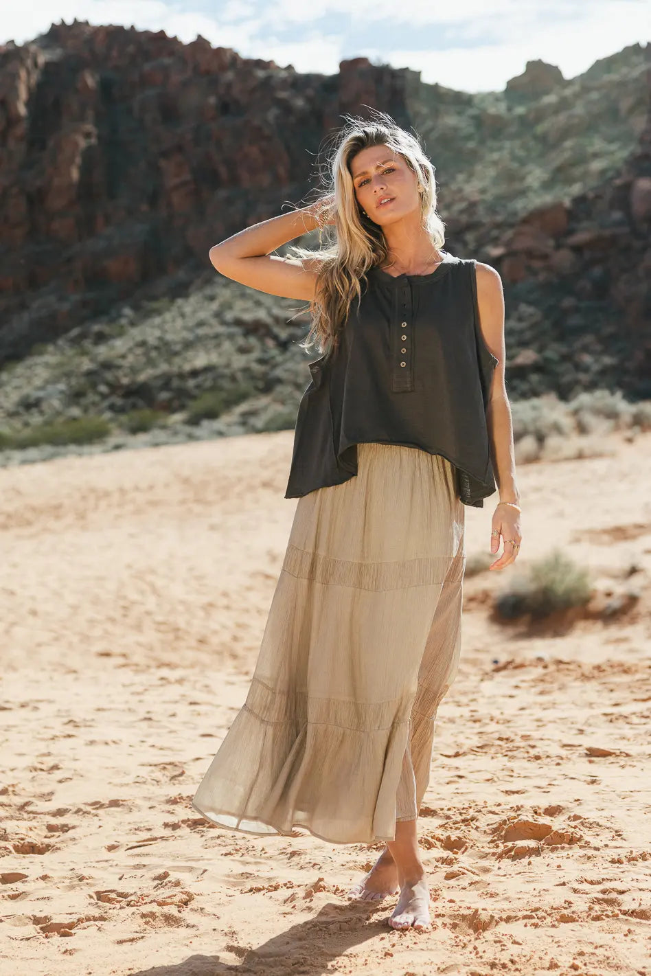 Women's Mckenna Textured Skirt in Olive Green - A-Line Midi Skirt with Elastic Waist | Perfect for Office Wear, Casual Outings & Fall Fashion | FINAL SALE