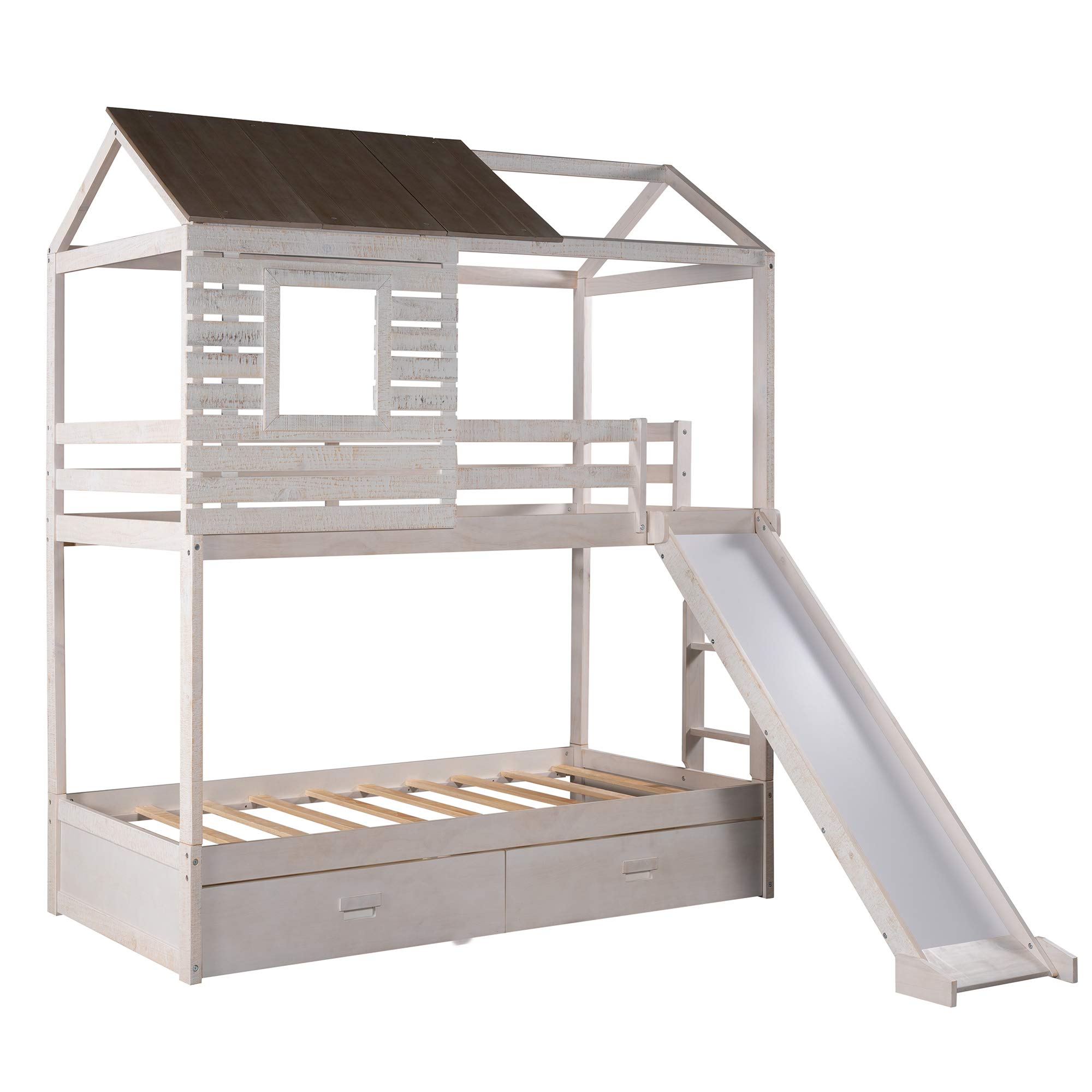 Twin Over Twin Bunk Bed with Roof, Window & Slide for Kids & Teens - Low Toddler Wooden Bunk Bed with 2 Storage Drawers, No Box Spring Needed - Perfect for Small Bedrooms, Playrooms & Sleepovers