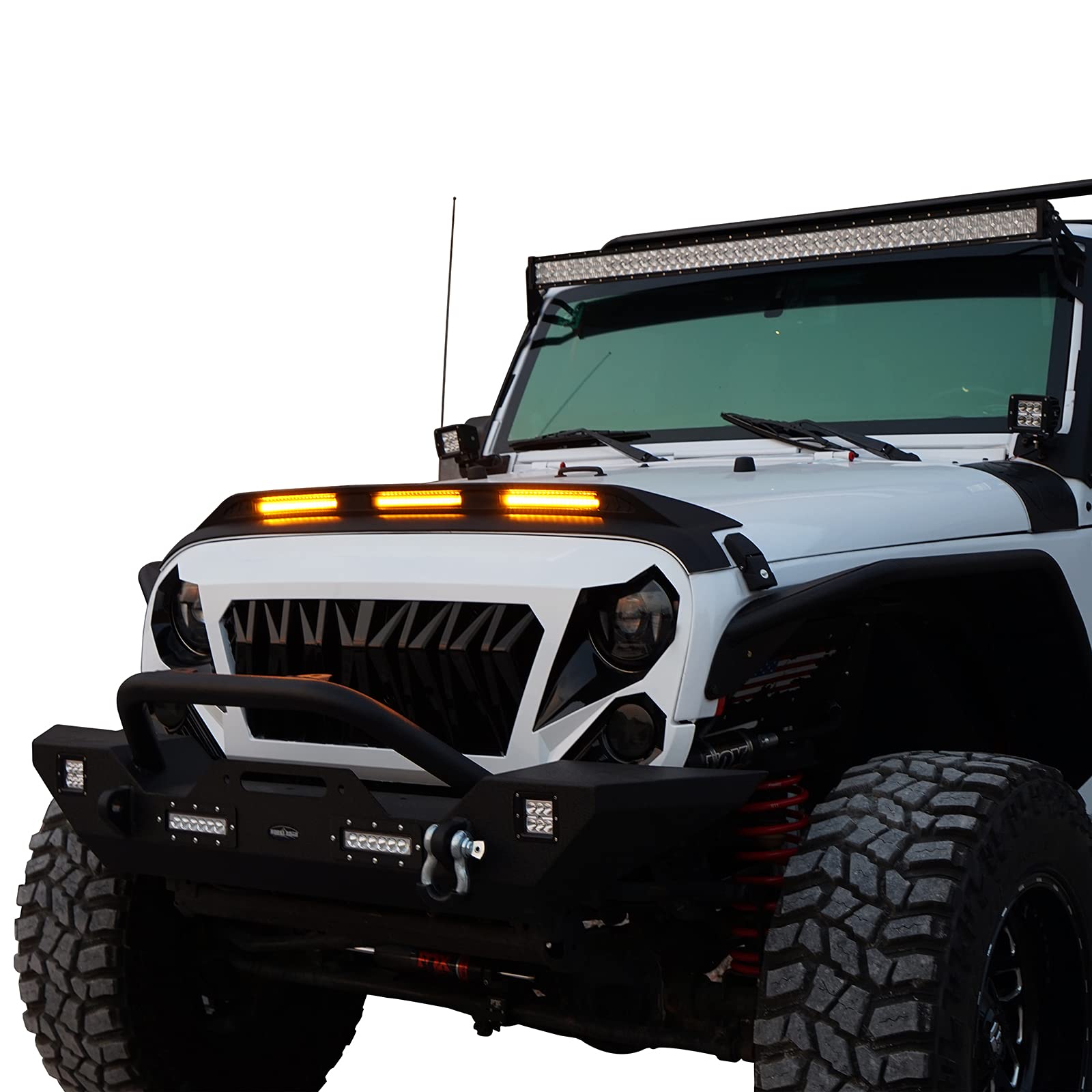 Jeep Wrangler JK Hood Protector with Amber Lights - Bug Deflector Shield Guard Compatible with 2007-2018 JK & JKU Unlimited Sahara Rubicon Sport Models | Off-Road Protection & Style Enhancement