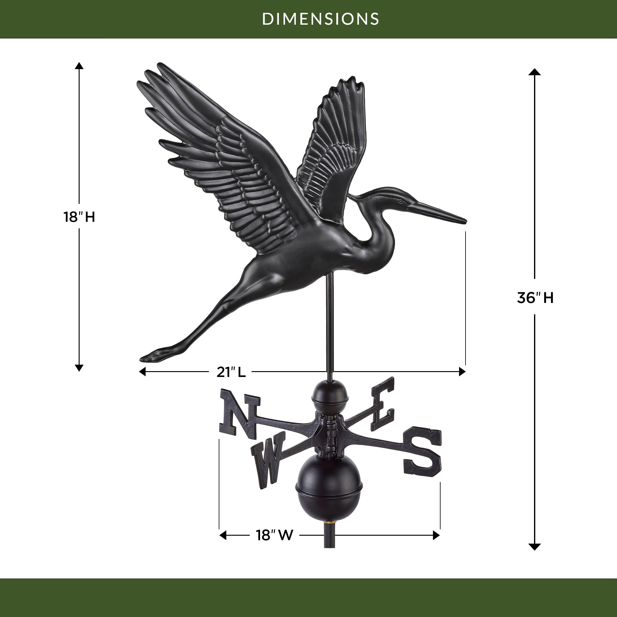 Elegant Black Aluminum Heron Weathervane - Durable Outdoor Garden & Roof Decor for Home, Farm, or Cottage - Perfect for Wind Direction & Rustic Charm