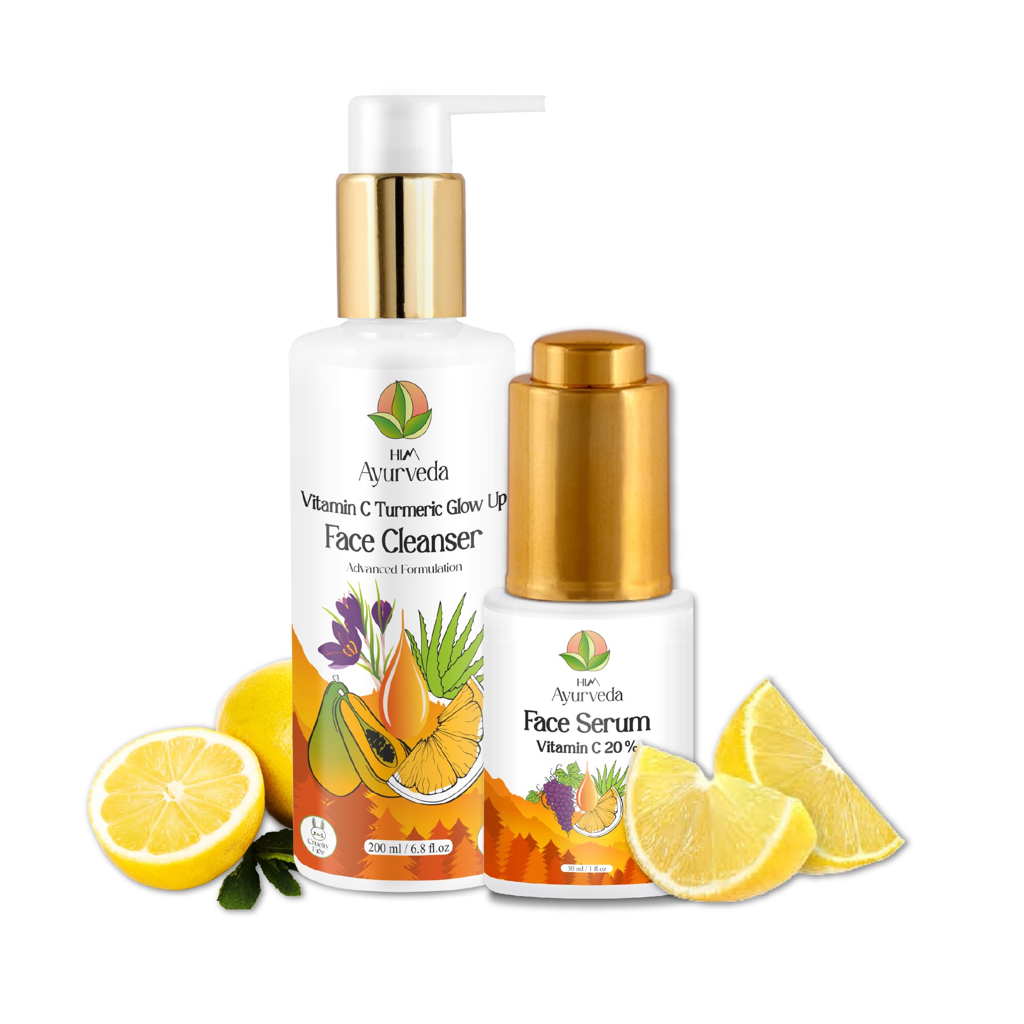 HIM Ayurveda Advanced Vitamin C Brightening Combo - Face Wash & Serum for Dark Spot Reduction, Deep Cleansing, Glowing Skin | Suitable for All Skin Types (Men & Women) | 230ml | Perfect for Daily Skincare Routine & Anti-Aging Care