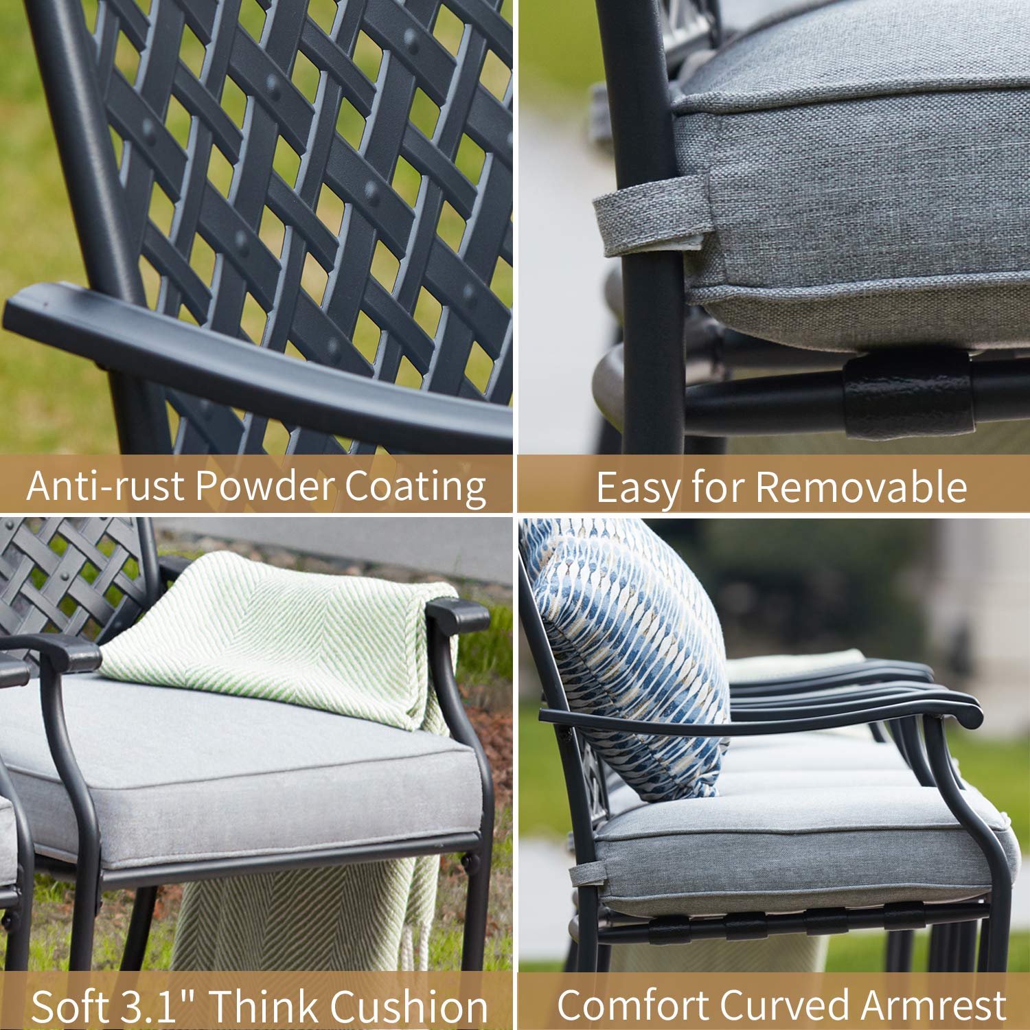 4-Piece Grey Metal Dining Chair Set with Arms & Cushions - Indoor/Outdoor Patio, Bistro, Cafe Side Chairs - Perfect for Backyard, Restaurant, and Home Dining Use