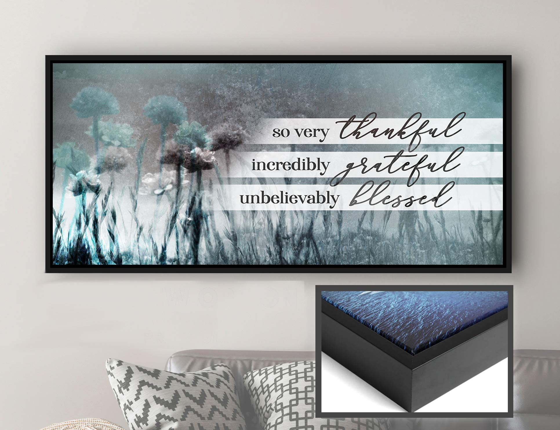 Rustic Dandelion Wall Art Canvas - So Very Thankful Blessed Religious Nature Decor with Black Floating Frame (60x27 Inches, Teal) - Perfect for Farmhouse Living Room, Bedroom or Office Decor