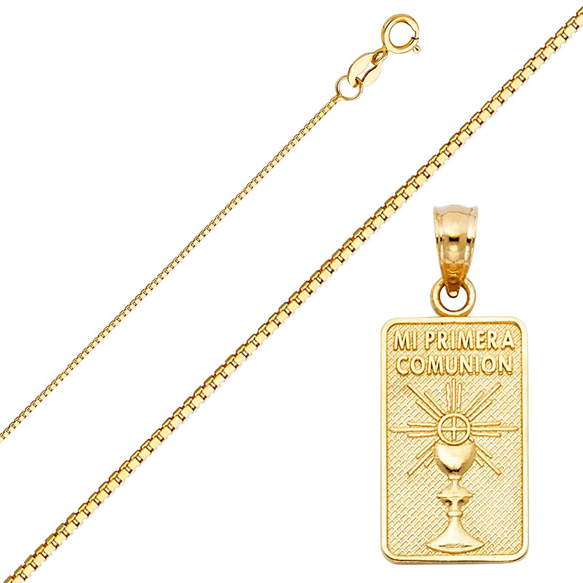 14K Solid Gold Box Chain Necklace with Religious Communion Pendant - Elegant Jewelry for First Communion, Baptism, Confirmation & Church Events