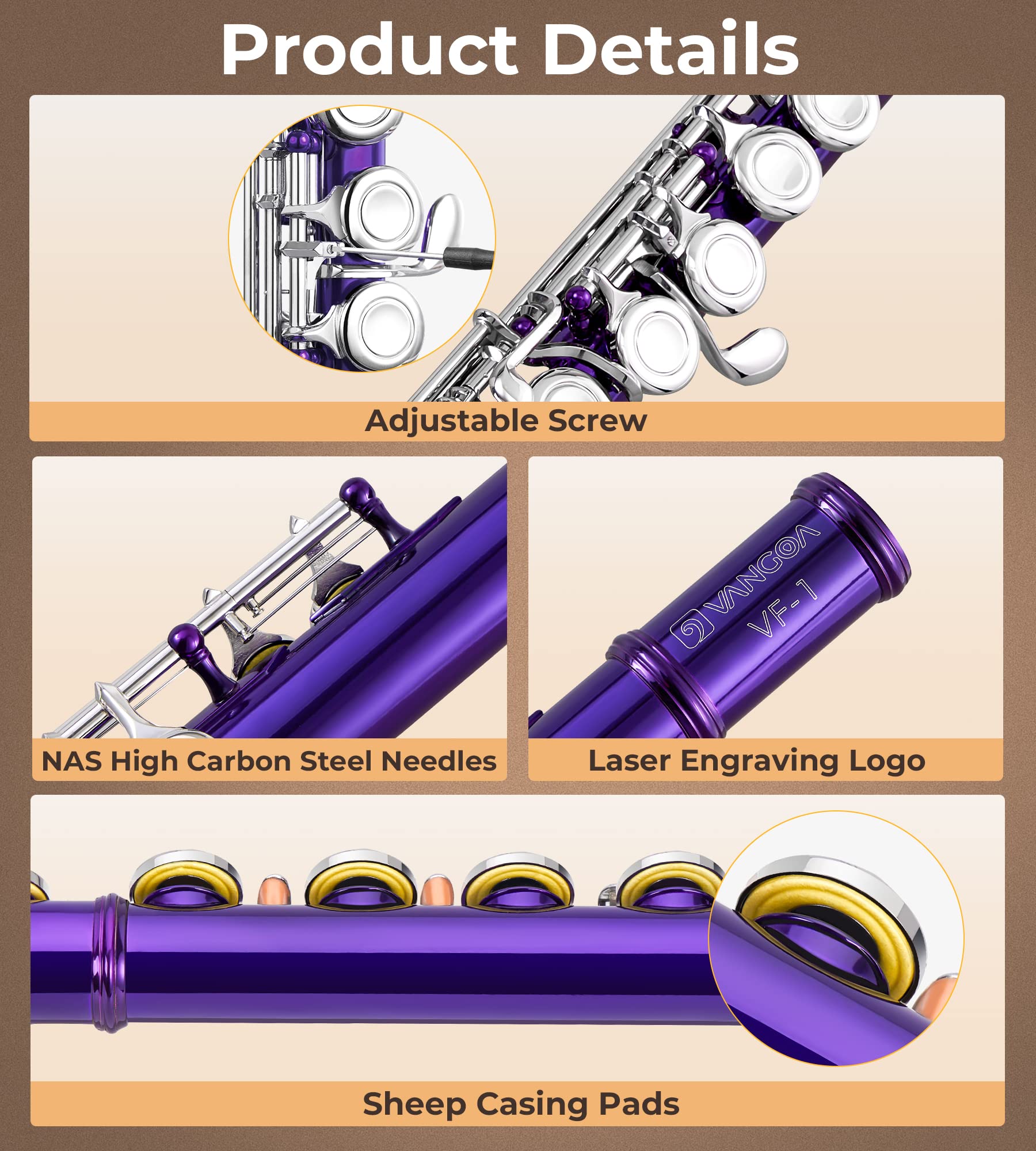 Vangoa 16-Key C Flute for Beginners - Nickel Plated Closed Hole Student Flute with Carrying Case, Stand & Cleaning Kit (Purple) - Perfect for School Band, Music Lessons & Home Practice