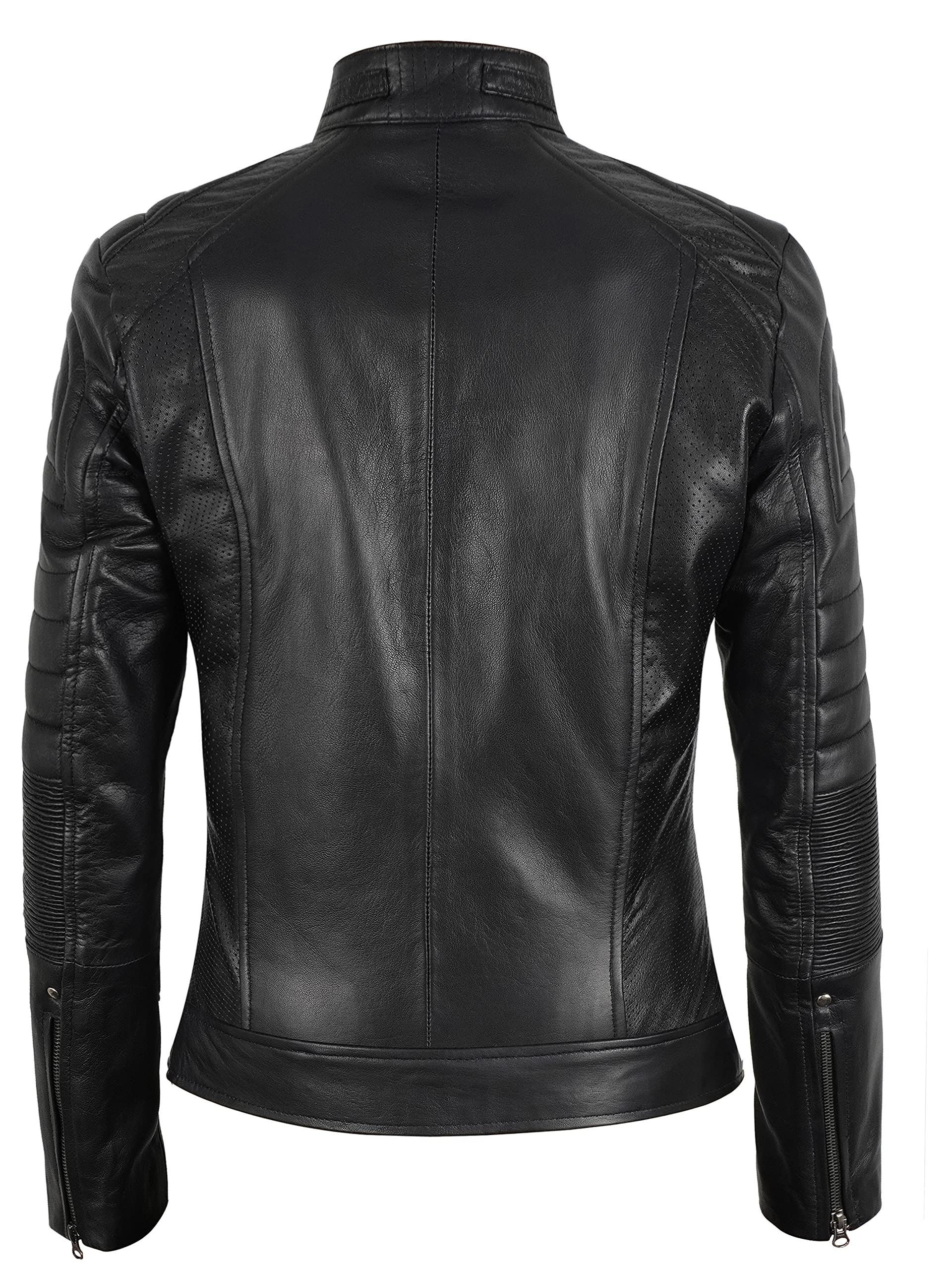 SpazeUp Women's Black Asymmetrical Cafe Racer Motorcycle Jacket - Genuine Leather Biker Jacket for Women | Perfect for Riding, Night Out & Fashion Statement