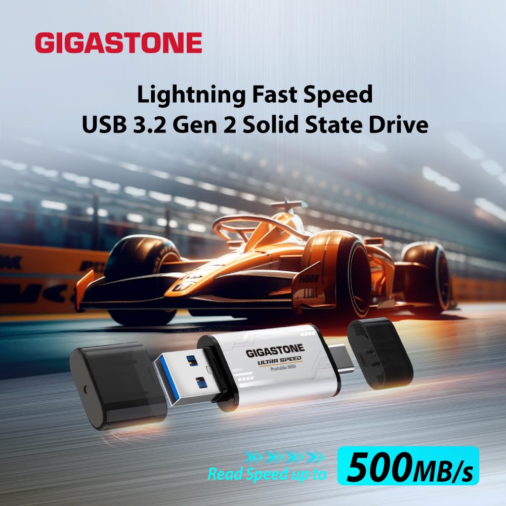 GIGASTONE 512GB USB-C External SSD - High-Speed Portable Solid State Drive for Gaming, PS5, iPhone 15, MacBook, iPad & Laptop - USB 3.2 Gen 2 (500MB/s) with USB-A & USB-C Adapters - Perfect for Gaming, Video Editing & Data Backup