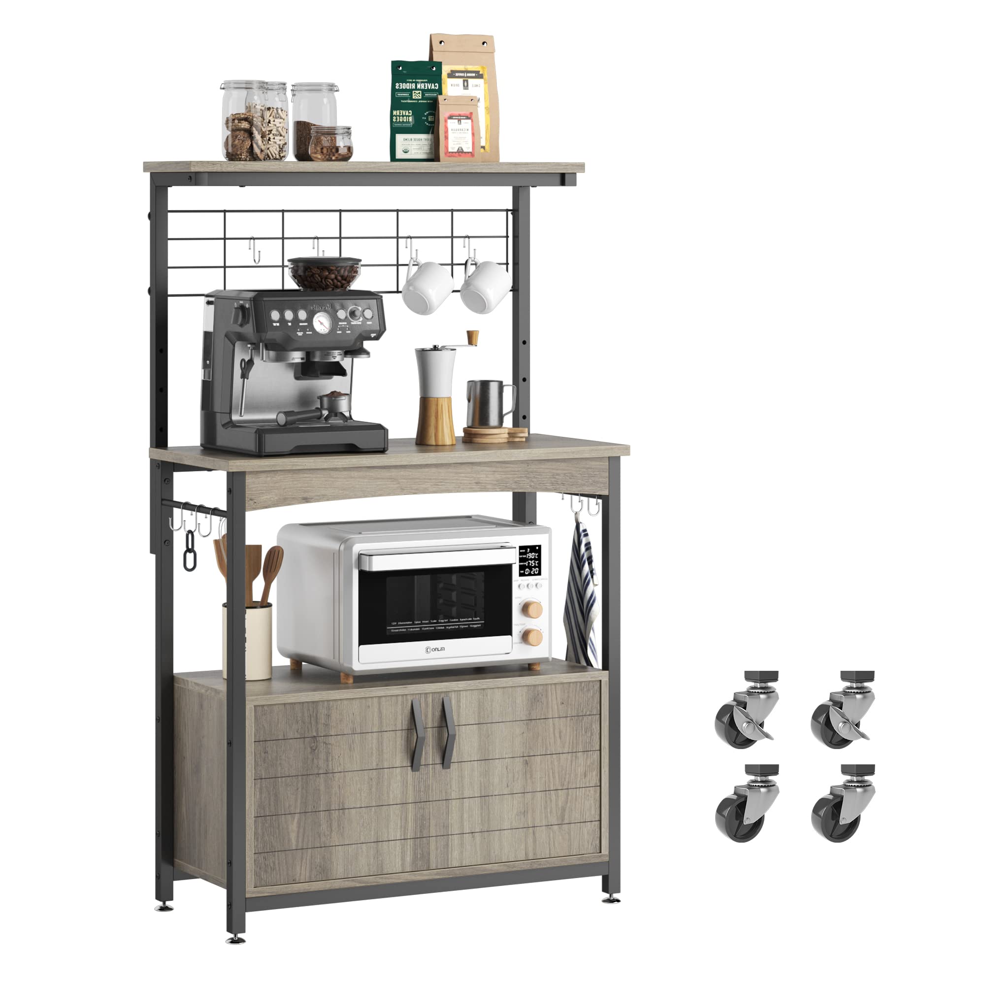 Bestier Adjustable Microwave Stand with Storage Cabinet - Industrial Rolling Kitchen Shelf with Wheels & Feet, 10 S-Hooks - Perfect for Small Kitchens, Coffee Bars & Baker's Racks (Grey Wash)