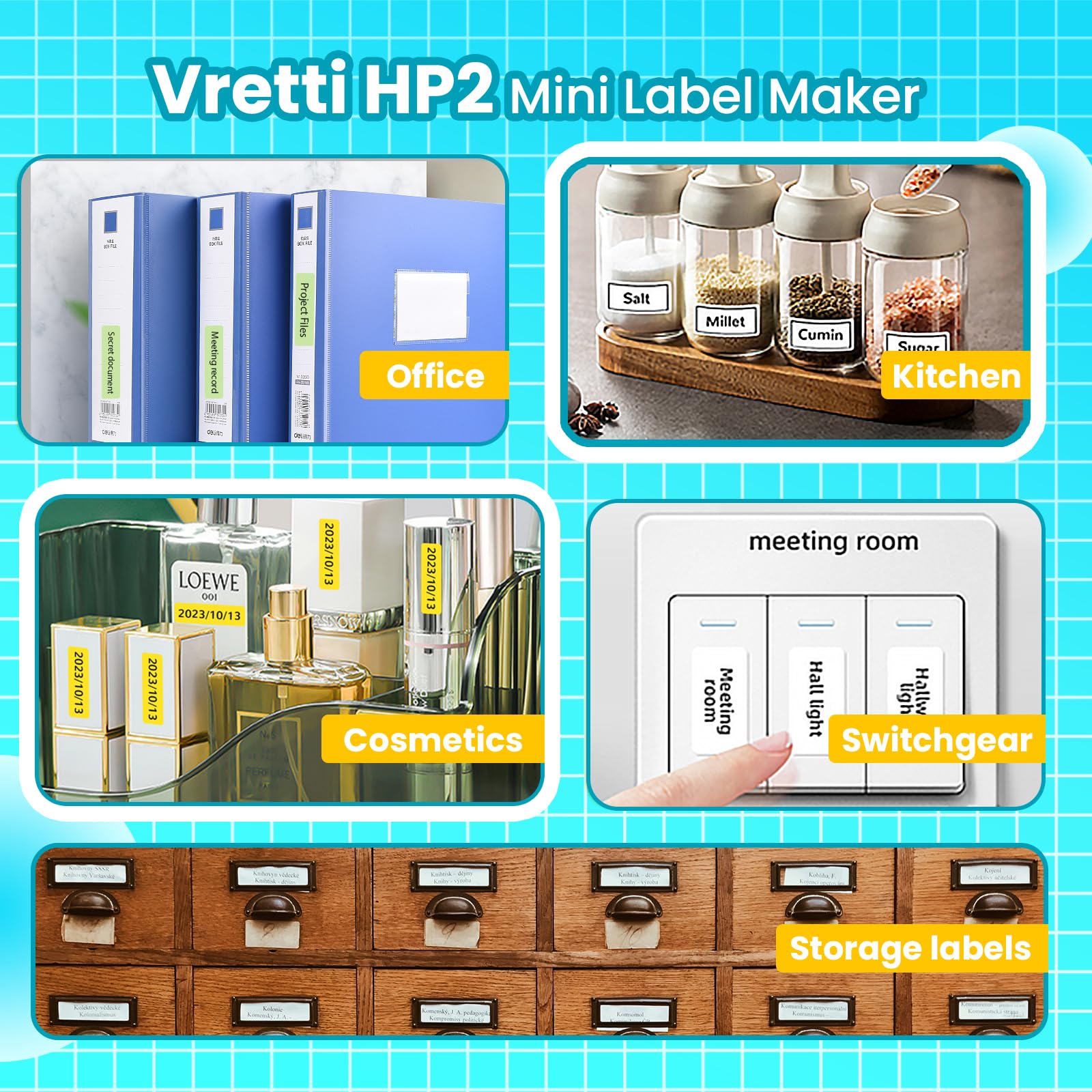 Vretti HP2 Portable Bluetooth Label Maker Machine with Tape - Mini Sticker Printer for Home, Office, Storage & Shipping Organization - Barcode Label Printer with Multiple Templates (Blue) | Perfect for Pantry Labels, Moving Boxes & Office Filing