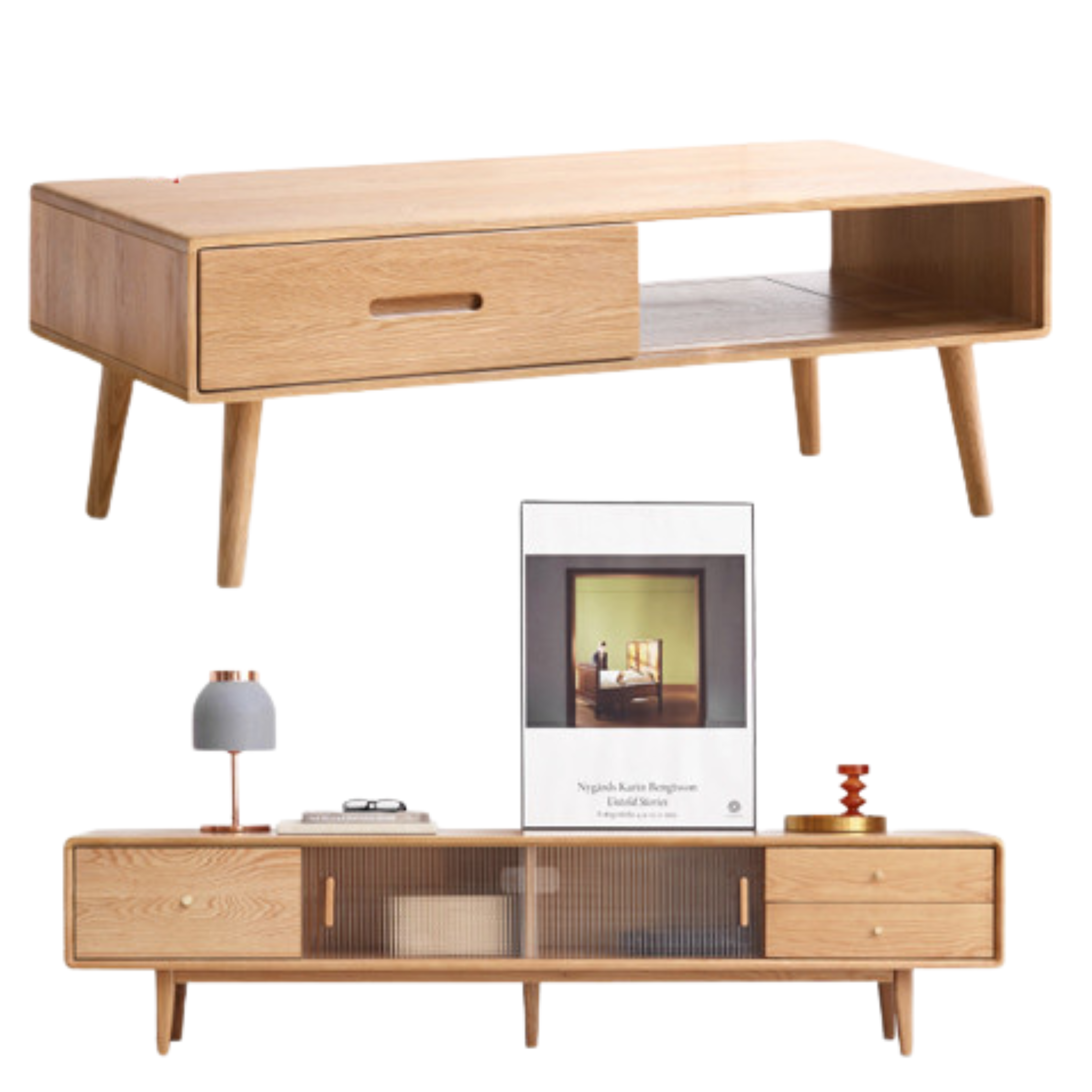 53.2x23.6x16.9 inch / 135x60x43сm + 86.6x13.7x17.7 inch / 220x35x45cm / Natural wood color / coffee table + TV cabinet