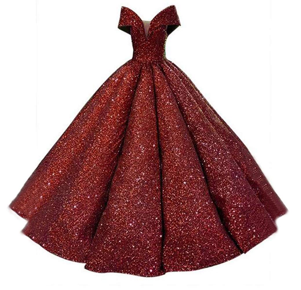 Emanni Women's Off The Shoulder Quinceanera Dress - Elegant Ball Gown with Sequin & Ruffled Details in Burgundy | Perfect for Prom, Sweet 16, Homecoming & Formal Events