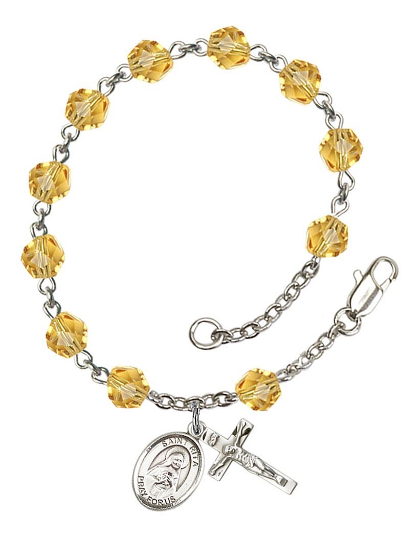 November Birthstone Beaded Rosary Bracelet with St. Rita of Cascia Charm - 7.5 Inch Catholic Prayer Jewelry for Women, Perfect for Baptism, First Communion & Daily Devotion