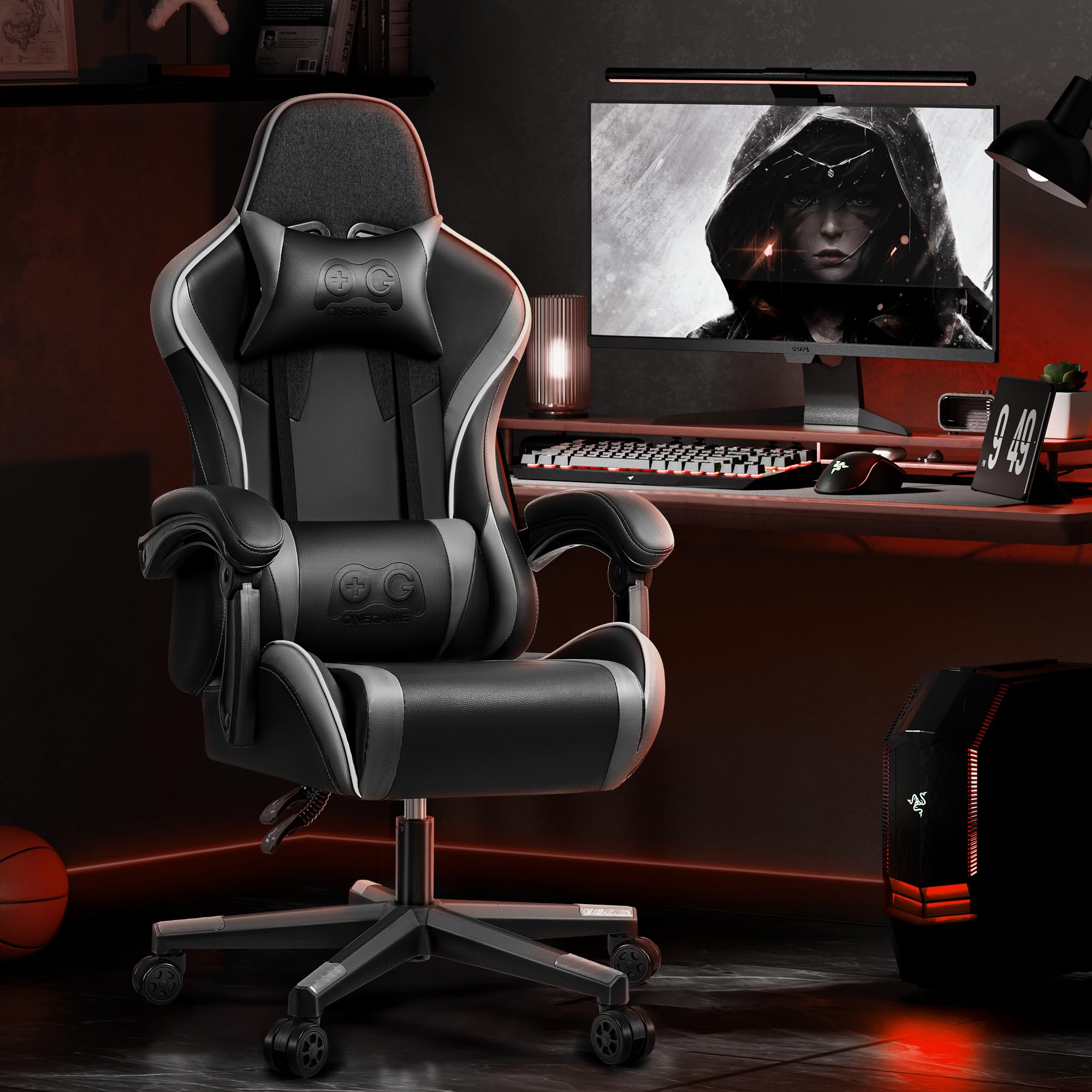 OneGame Ergonomic Gaming Chair - High Back Racing Style Computer Desk Chair with Adjustable Lumbar Support, Swivel & Reclining for Office & Home Use - Black Gray - Perfect for PC Gaming, Streaming & Long Work Sessions