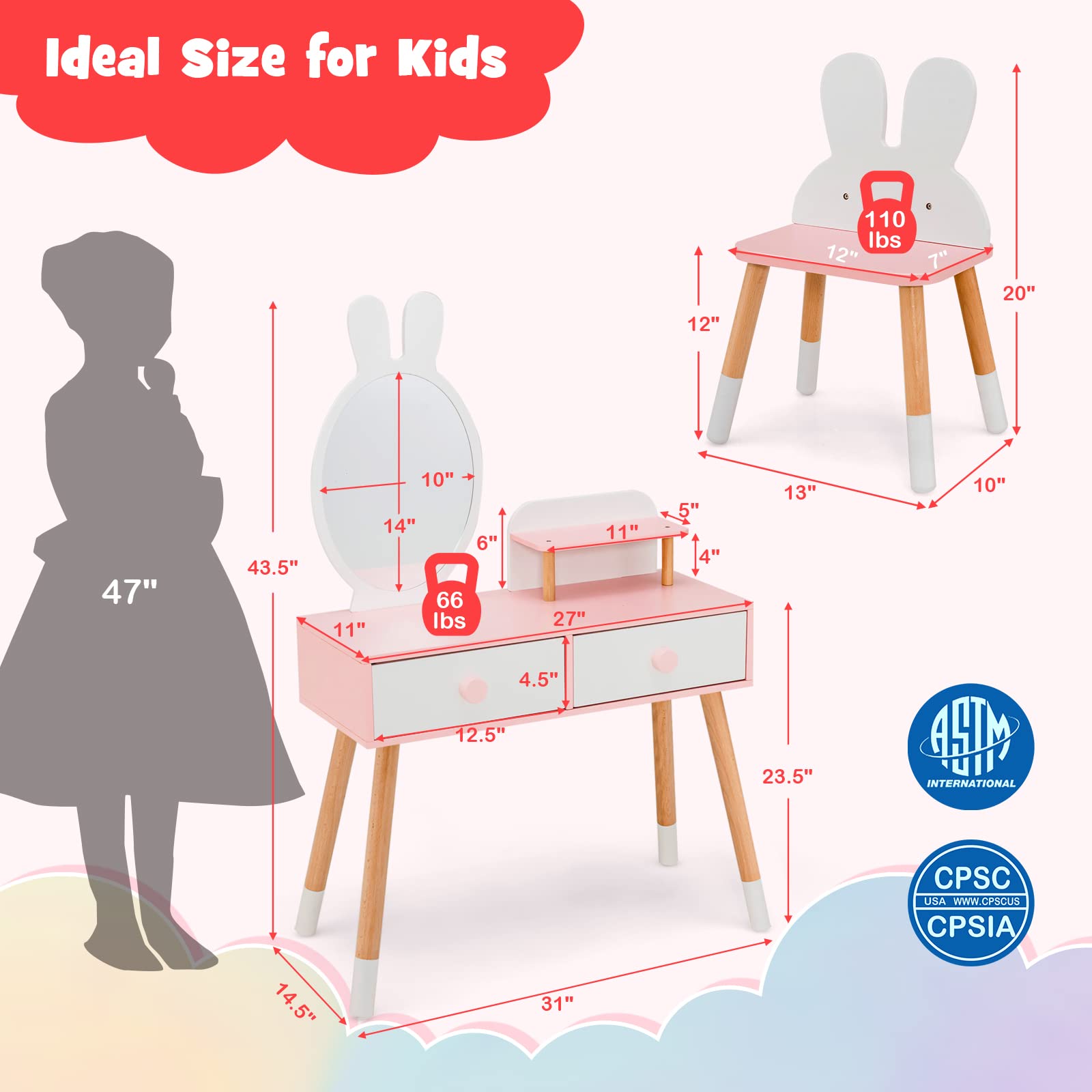 **White Kids Vanity Set with Mirror, Storage Shelf & 2 Large Drawers - Princess Dressing Table & Toddler Makeup Vanity for Girls - Perfect for Playroom, Bedroom & Birthday Gifts**