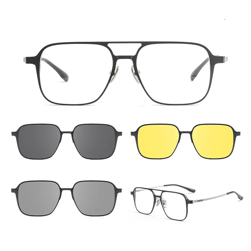 Men's Titanium Full Rim Square Double Bridge Eyeglasses with Clip-On Sunglasses - Stylish & Durable for Work, Driving, and Outdoor Activities (Model 99084)