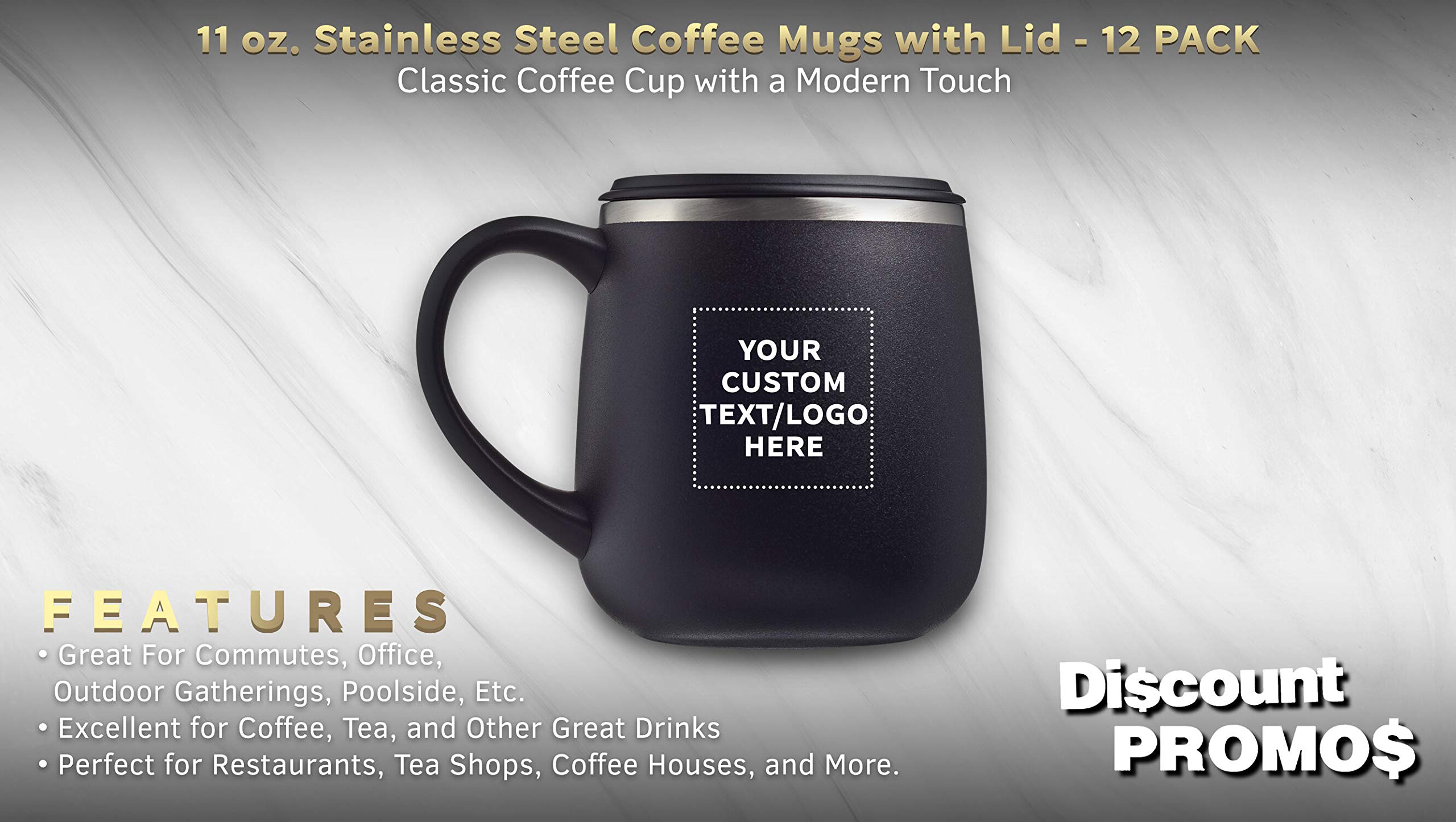 Custom 11 oz. Stainless Steel Coffee Mugs with Lid - 12 Pack Personalized Text/Logo - Black - Perfect for Office Gifts, Corporate Events & Brand Promotions
