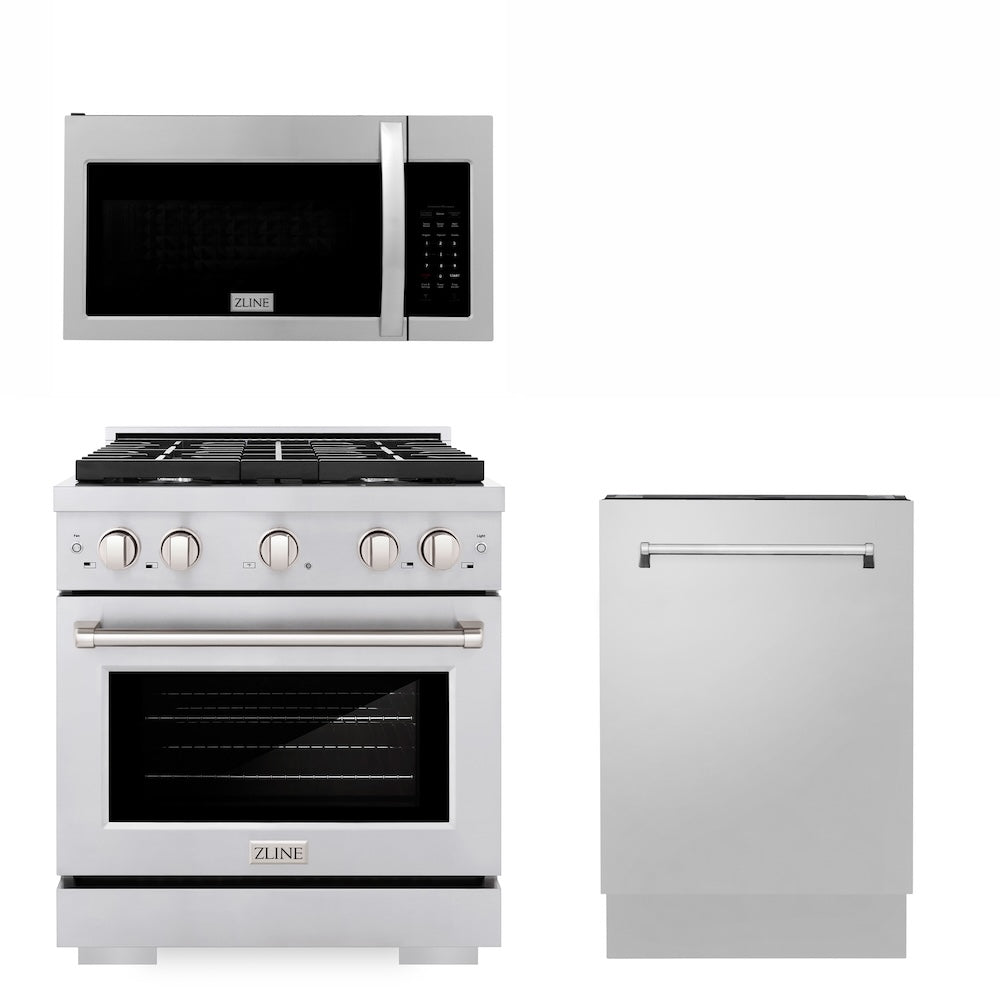 ZLINE 30 Inch Stainless Steel Kitchen Package - Gas Range, Over-the-Range Microwave & Dishwasher Combo | Ideal for Modern Homes & Open-Concept Kitchens (3KP SGROTR30 DWV)