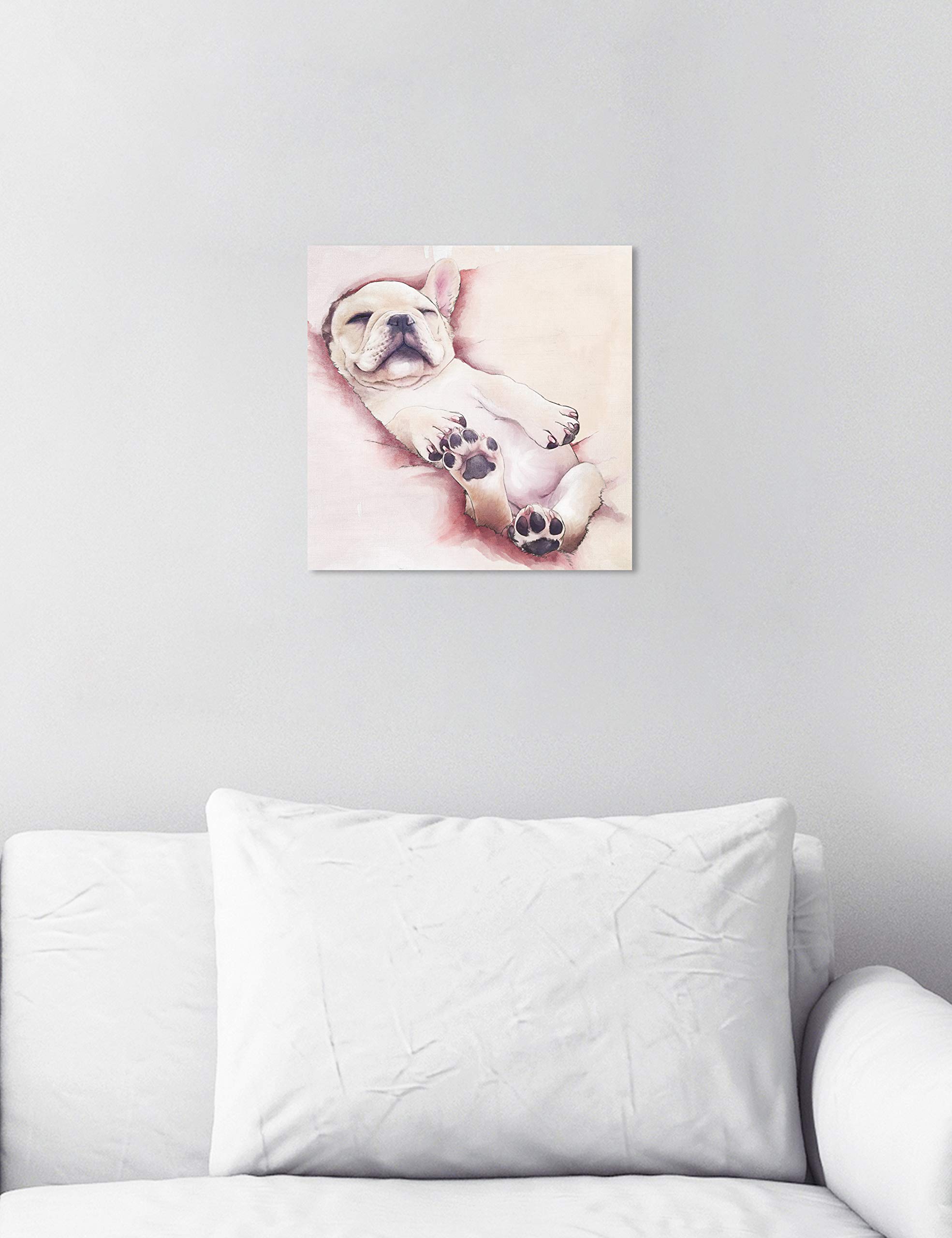 Sleeping Frenchie Dog Wall Art Canvas Print - 12x12 Inch Modern Animal Home Decor in White & Pink | Perfect for Living Room, Bedroom, Nursery & Office Decorations