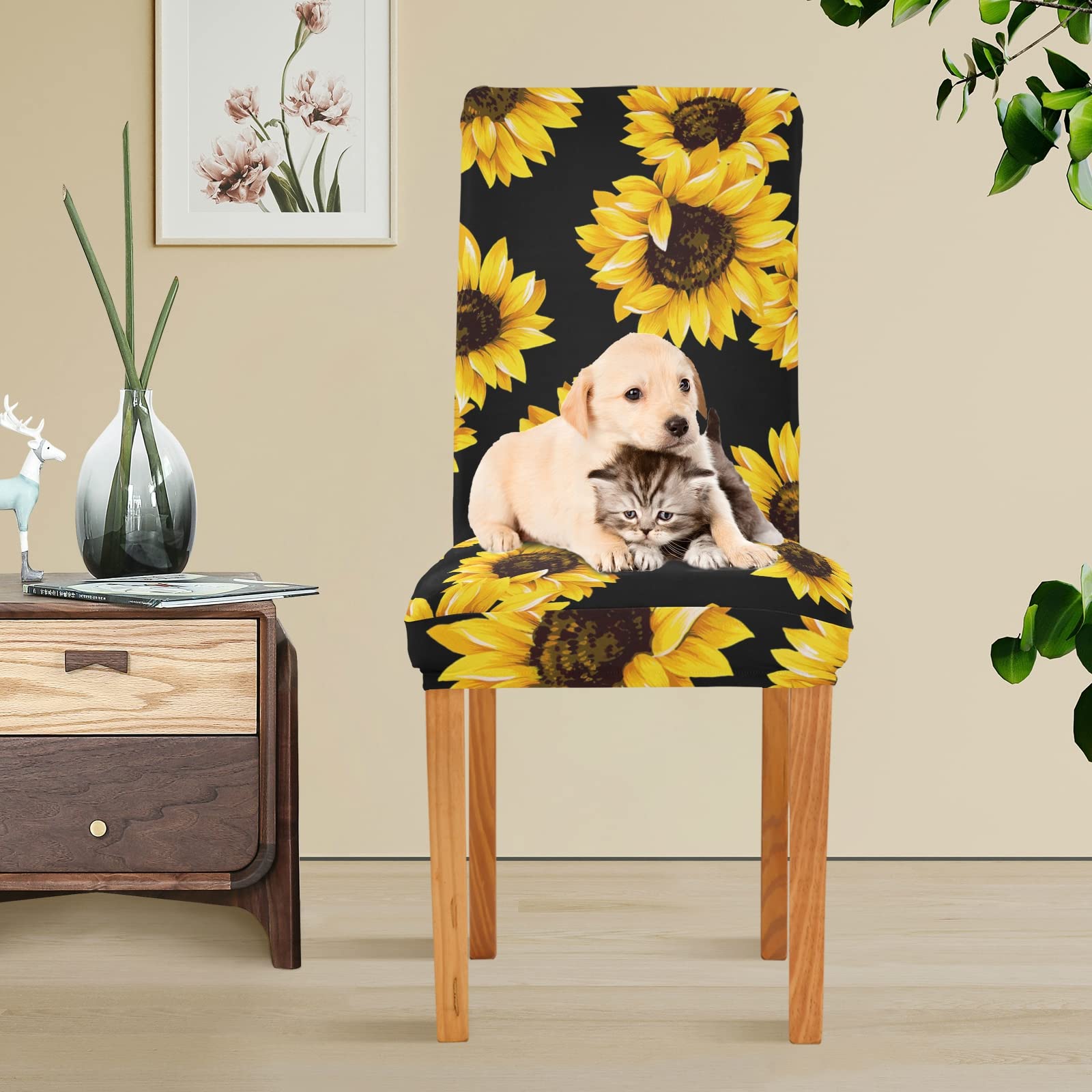 Xigua Stretchable Sunflower Dining Chair Covers Set of 2 - Washable & Removable Slipcovers for Kitchen, Restaurant, Banquet - Perfect for Home Decor, Wedding Ceremonies & Hotel Furniture Protection