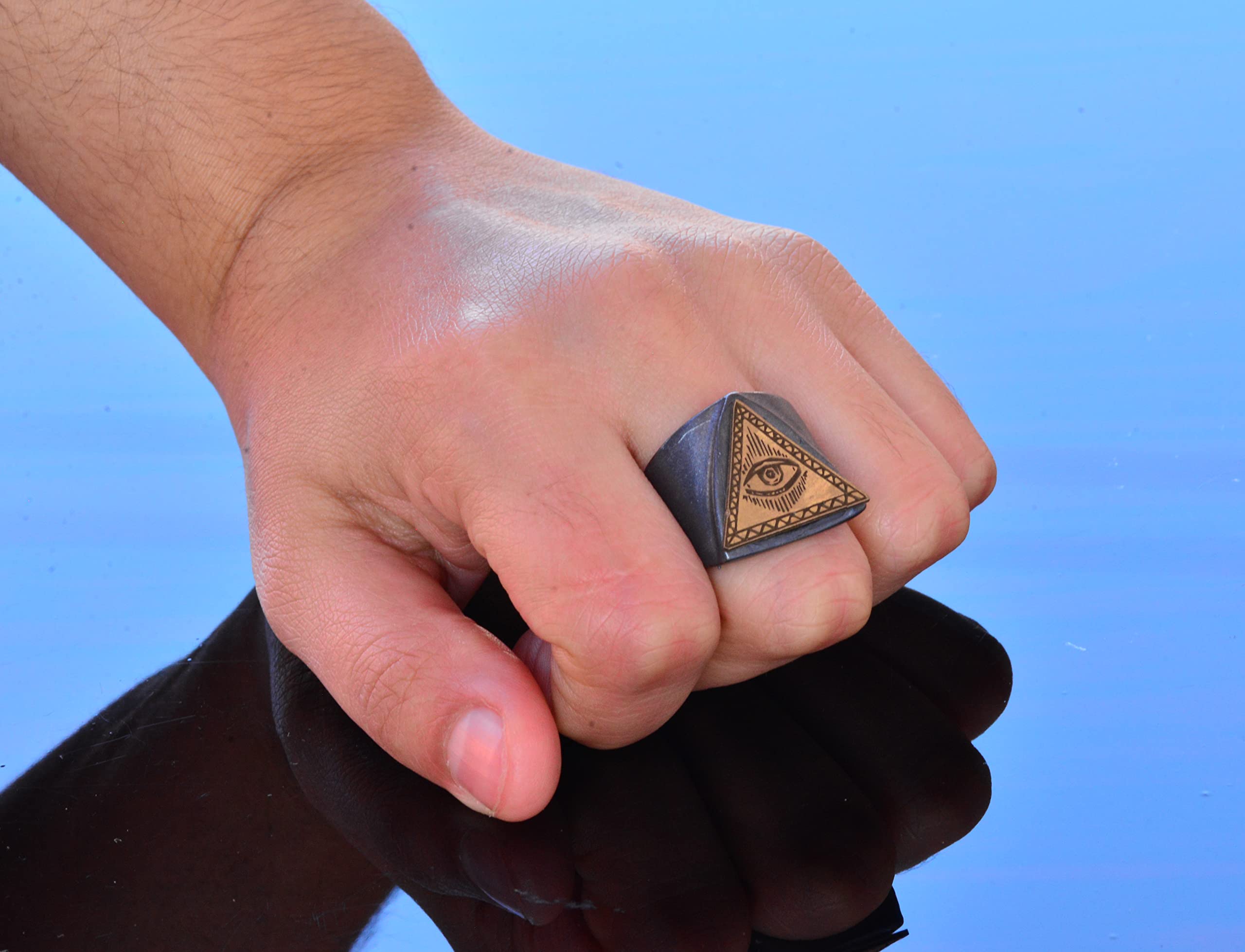 925 Sterling Silver Men's Ring with Gold-Plated Triangle Eye Symbol - Handmade Jewelry for Men, Unique Spiritual Protection Ring - Perfect for Gifts, Weddings, and Everyday Wear