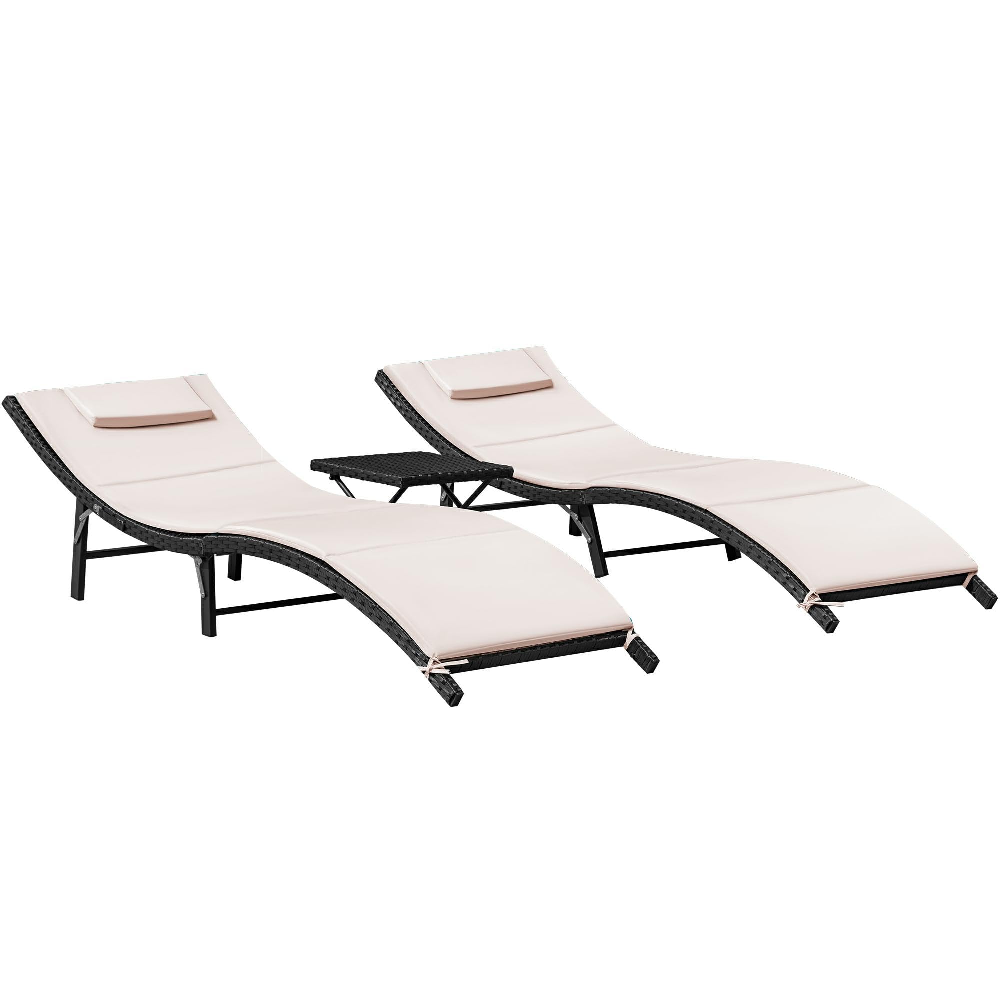 Flamaker 3-Piece Outdoor Chaise Lounge Set with Cushions - Modern PE Wicker Rattan Patio Furniture, Folding Chaise Loungers with Backrest & Side Table - Perfect for Poolside, Backyard, Garden Relaxation (Beige)