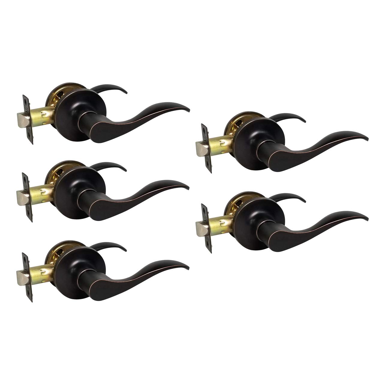 5-Pack Wave Style Oil-Rubbed Bronze Bedroom Closet Door Lock Lever Handles - Right Hand (RH) Passage Function for Home, Office & Commercial Use