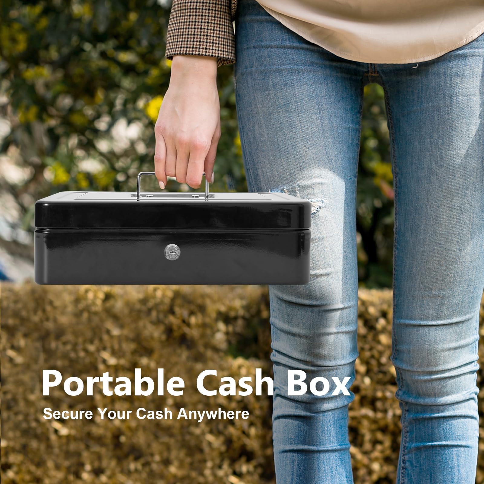 Secure Metal Cash Box with Lock & 2 Keys - Large Portable Money Safe with Cash Tray, 4 Bill/5 Coin Slots (11.8