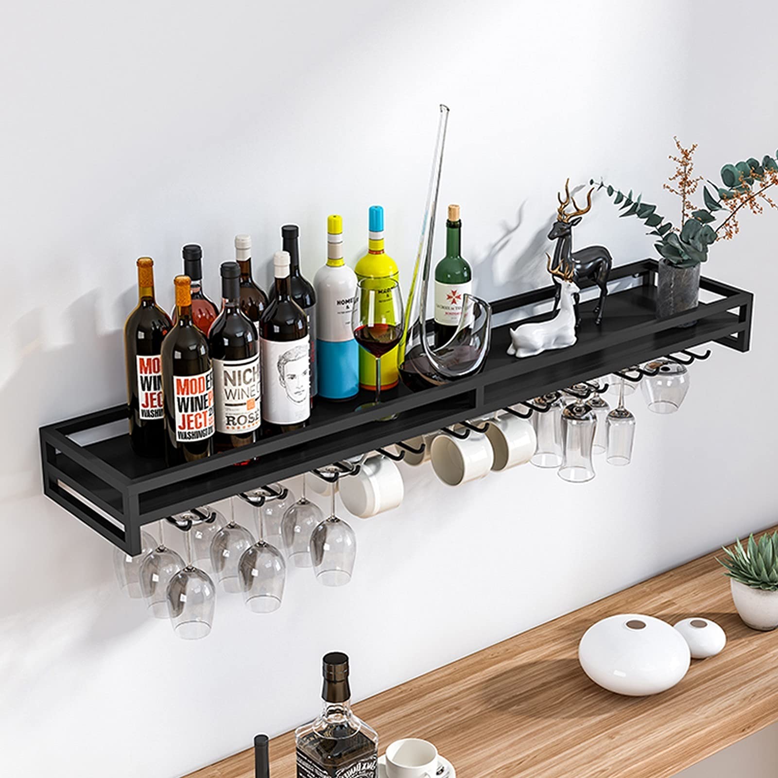 Black Metal Wall Mounted Wine Rack - Space Saving Wine Storage Shelf for Champagne Glasses & Stemware - Hanging Wine Glass Holder Organizer for Home Bar, Kitchen Decor (60/80/100cm) - Perfect for Dining Room, Wine Cellar & Entertaining Guests