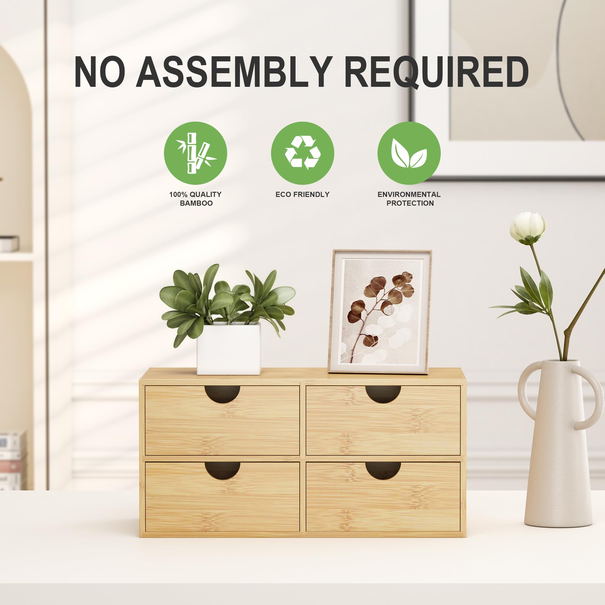 Bamboo Desk Organizer with Drawers - Small Desktop Storage Container for Home Office, Countertop & Tabletop Organization - No Assembly Required - Perfect for Pens, Paper Clips & Office Supplies