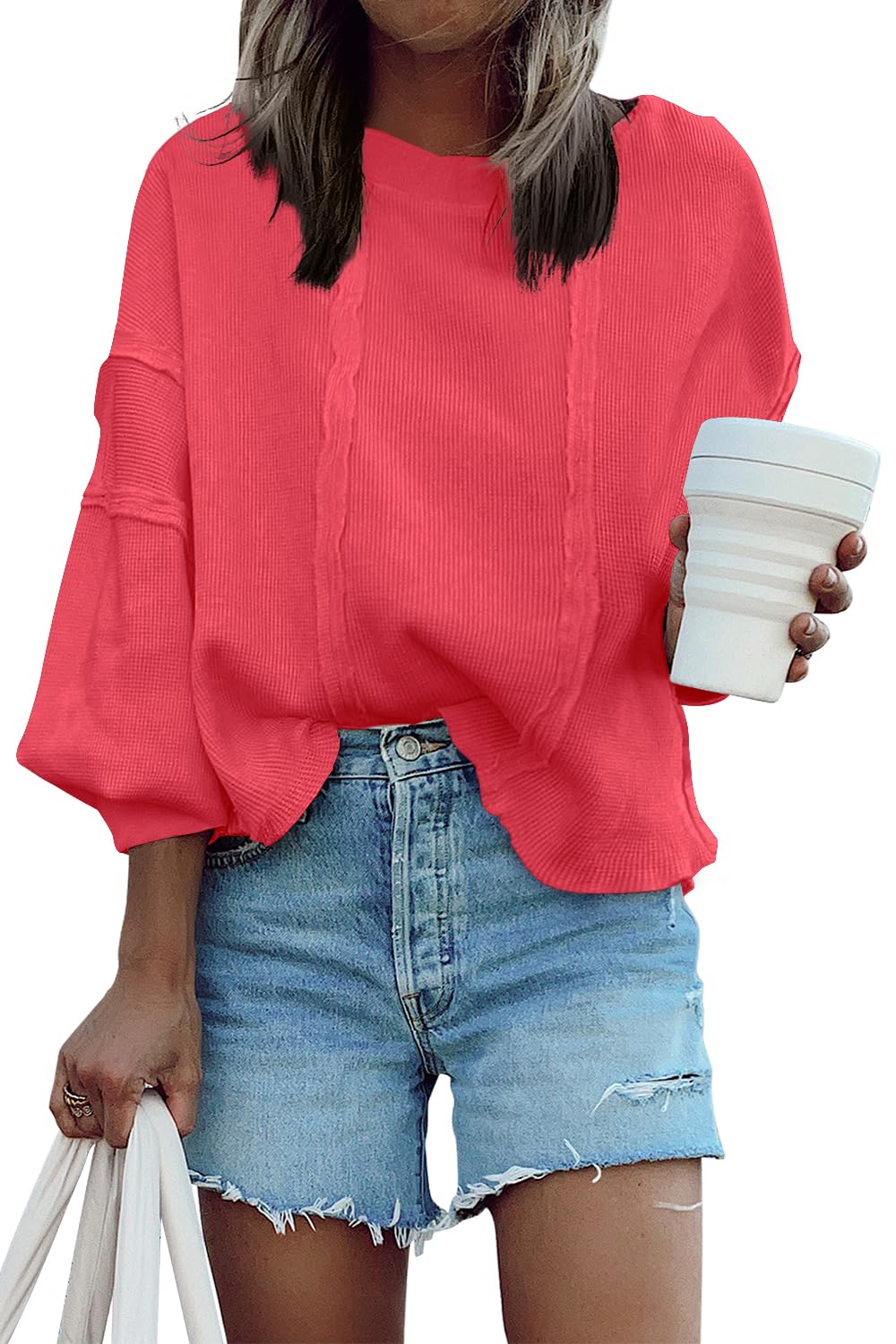 Panadila Women's Oversized Waffle Knit Pullover Sweater - Casual Long Sleeve Round Neck Tunic Top for Fall & Winter | Cozy Lounge Wear, Office Outfits, and Weekend Errands