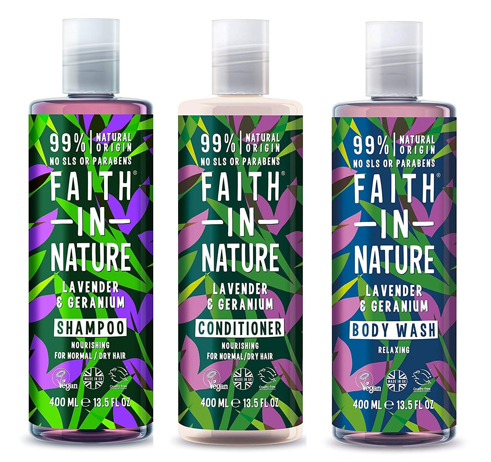 Faith In Nature Lavender Shampoo, Conditioner & Body Wash Trio Set - Vegan, Cruelty-Free, 99% Natural Fragrance, SLS & Paraben Free - Perfect for Sensitive Skin & Relaxing Bath Time