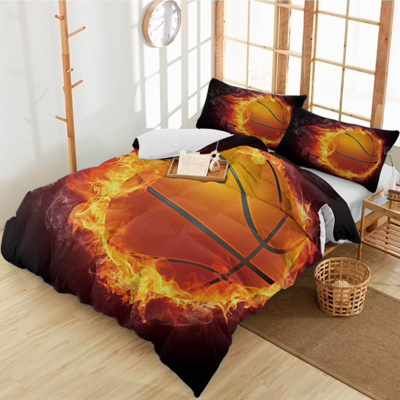 3-Piece Microfiber Basketball Sports Theme Duvet Cover Set - Ultra Soft, Breathable Comforter with Decorative Pillowcases - Perfect for Kids' Rooms, Teen Bedrooms & Sports Fans Decor