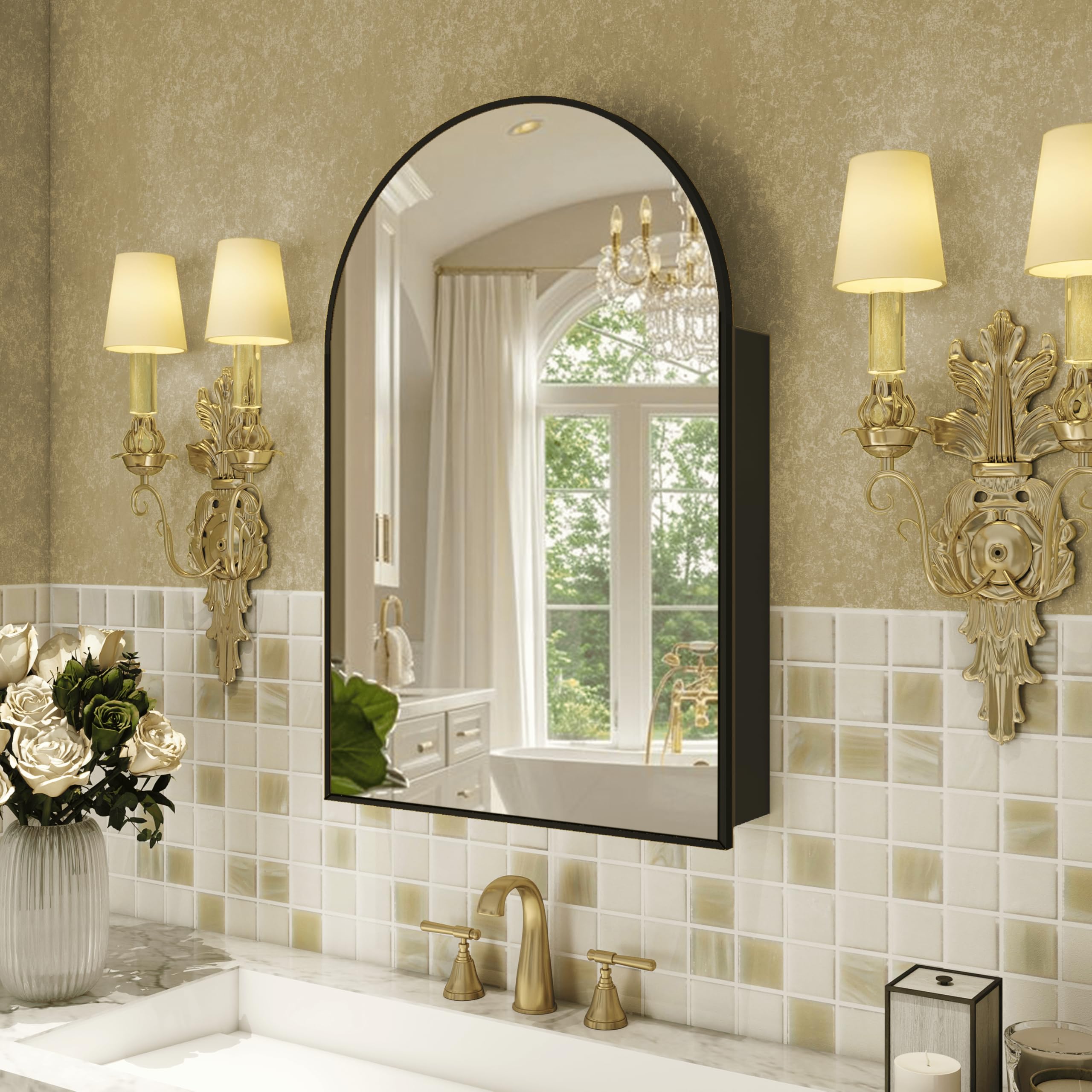 FKWin Arched Medicine Cabinet with Mirror - Aluminum Alloy Brushed Frame Bathroom Storage Mirror - 3 Adjustable Shelves Vanity Mirror - Surface Wall Mounted (Not Recessed) - 24x36 Inches Black - Perfect for Bathroom, Bedroom & Vanity Organization