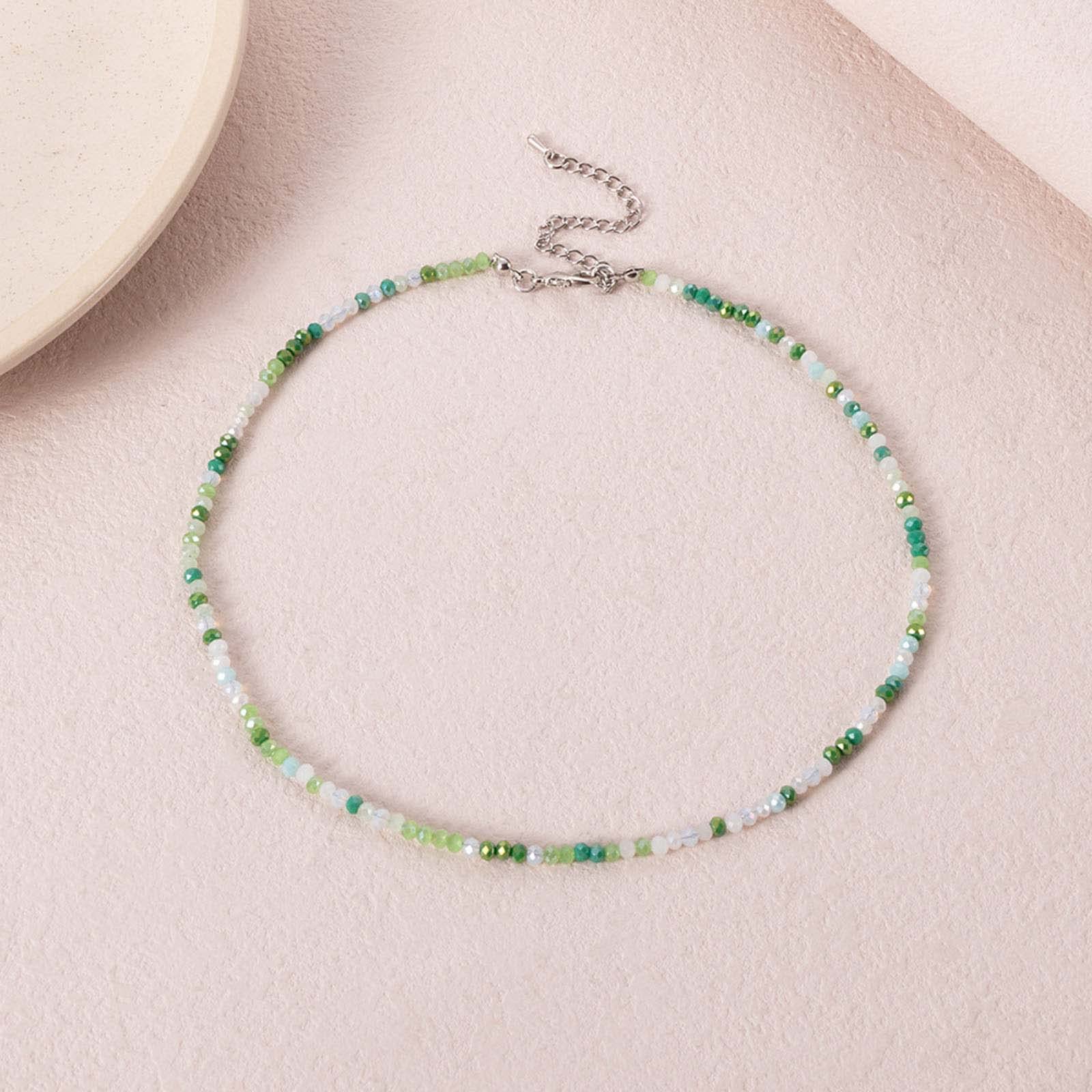 Boho Beaded Choker Necklace - Green & White Seed Bead Handmade Jewelry for Women, Dainty Round Beads Collar Necklace | Perfect for Festivals, Weddings & Boho Fashion