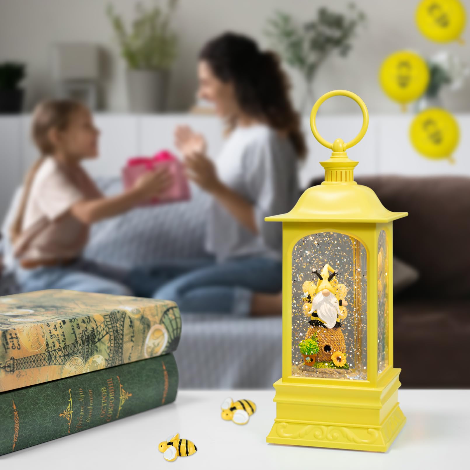 Light Up Honey Bee Hive Snow Globe Lantern - Spring Gnome Decorations with 6H Timer, Battery/USB Powered for Home, Garden & Easter Decor | Perfect for Tabletop, Shelf Display & Seasonal Party Decor