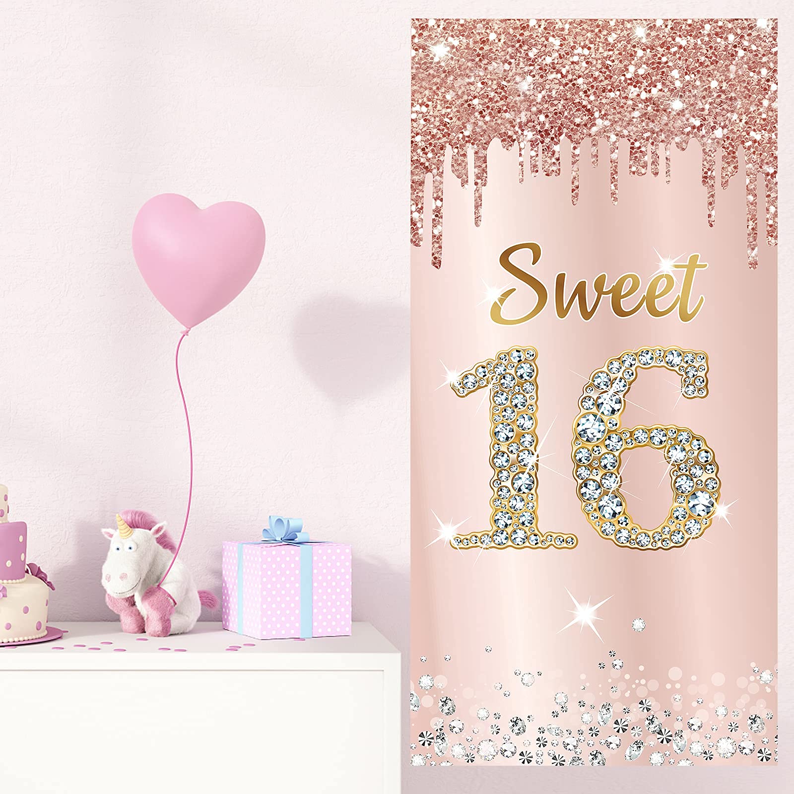 Sweet 16 Birthday Banner Decorations for Girls - Pink Rose Gold Happy 16th Birthday Party Supplies, Yard Sign & Door Cover for Sixteen Year Old Celebration | Perfect for Birthday Parties, Backyard Decorations & Milestone Events