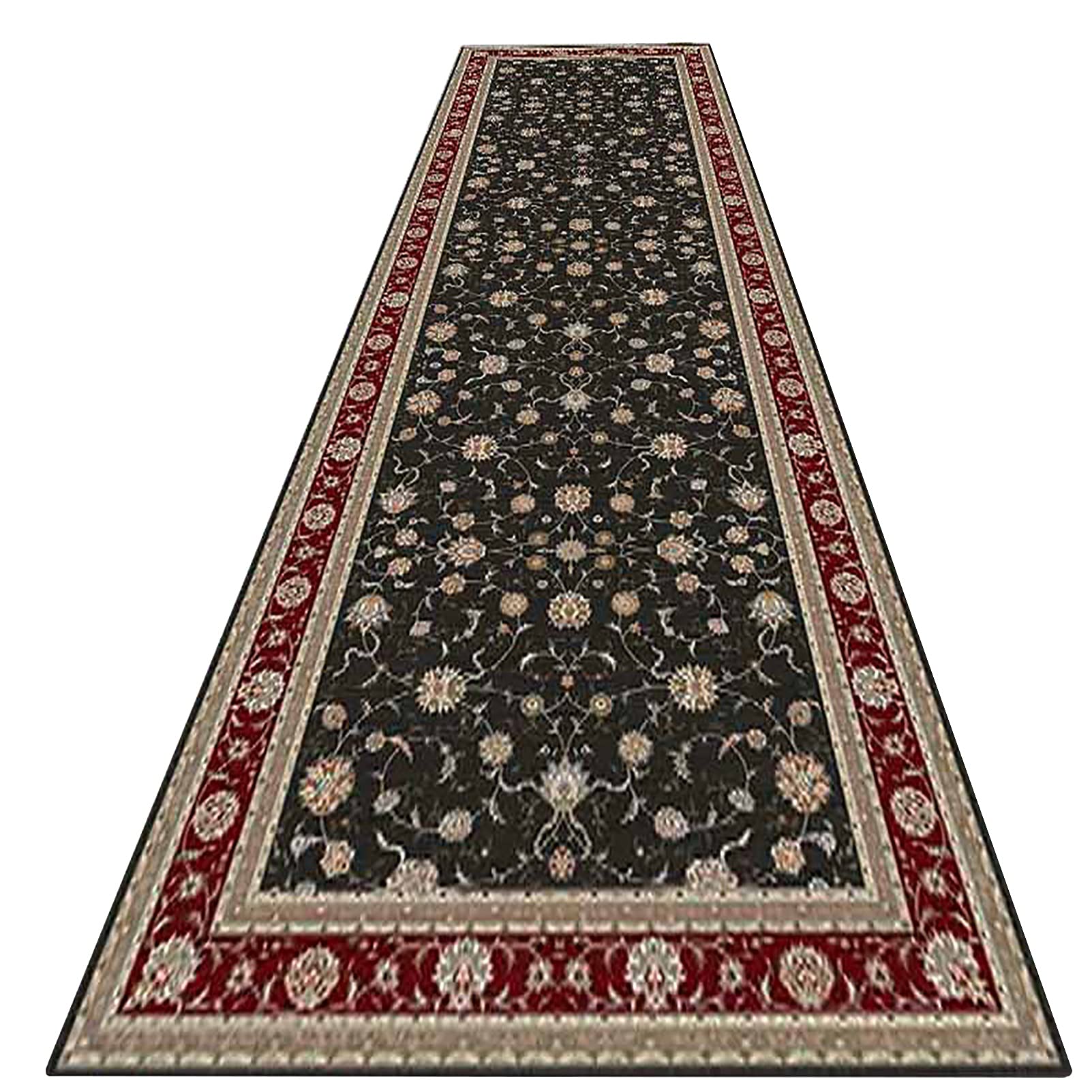 Japanese Style Hallway Runner Rug - Floral Border Non-Slip Carpet with Washable Rubber Backing, Short Pile Floor Mat for Entryway, Kitchen, Bathroom (60×300cm/24