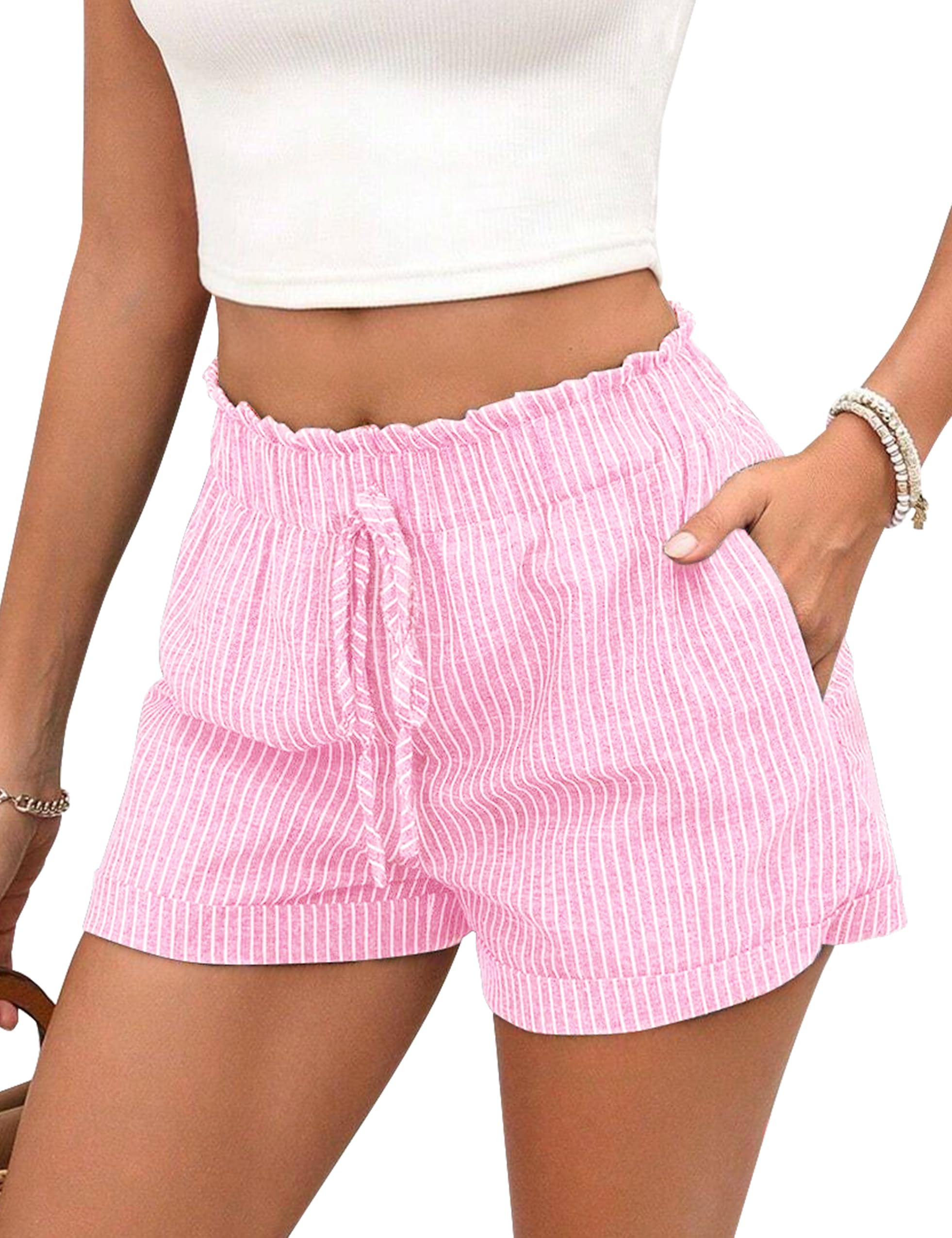 2024 Women's Summer Linen Shorts - High Waisted Striped Lounge Shorts with Elastic Waistband & Pockets | Casual Wear, Beach Vacation, Yoga, and Outdoor Activities | Pink