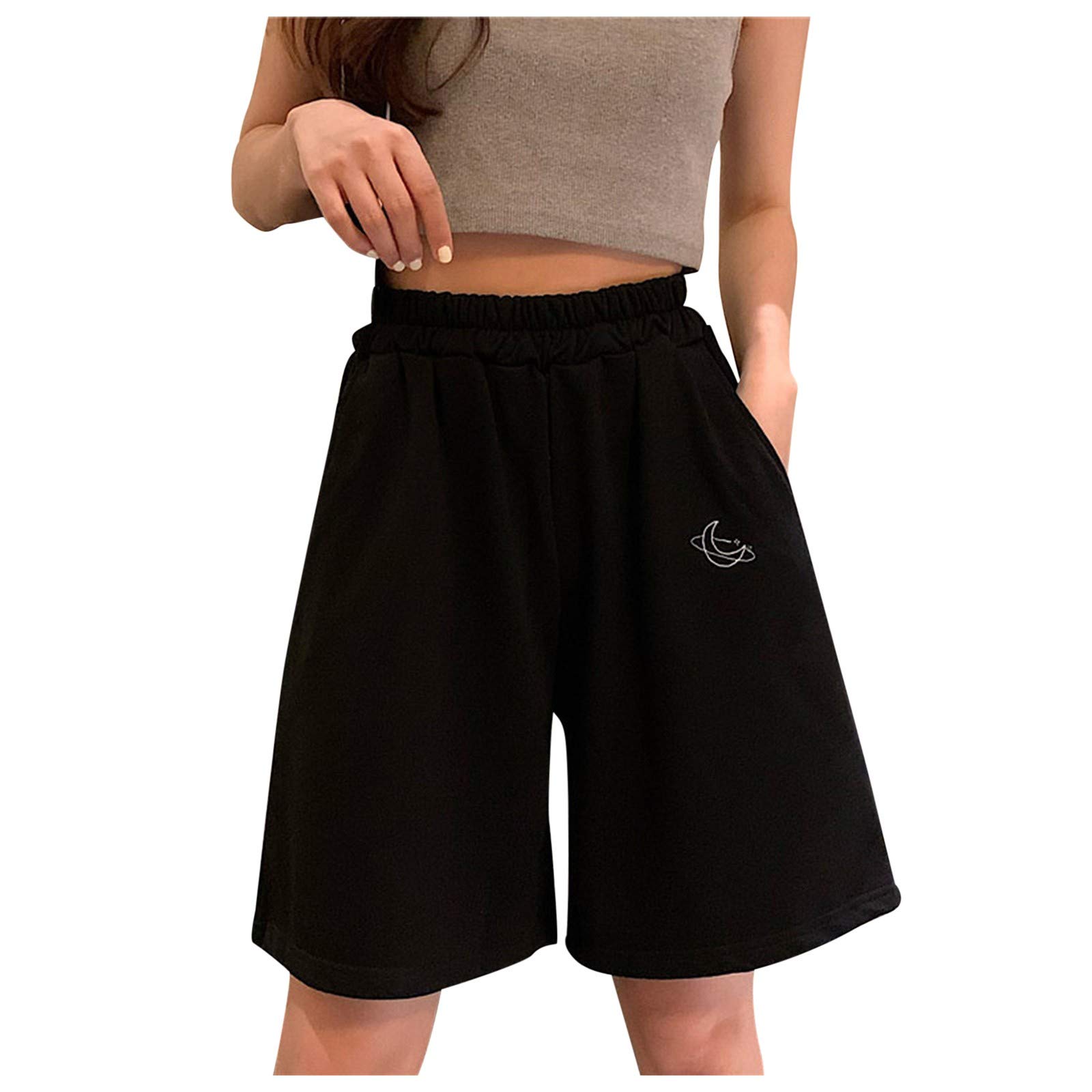 Embroidered Women's Oversized Casual Shorts with Pockets - Solid Color Letter Design | Perfect for Summer Outfits, Beach Wear, and Lounge Comfort